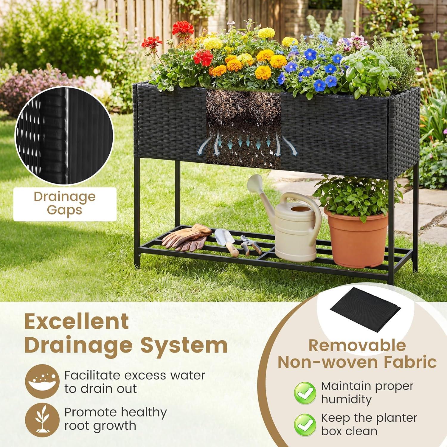 image:imageGiantex Raised Garden Bed with Legs 40 x 12 Rattan Elevated Planter Box wStorage Shelf Removable Liner Drainage Gaps for Vegetables Flowers amp Herbs Outdoor Planting Stand for Backyard PatioBlack
