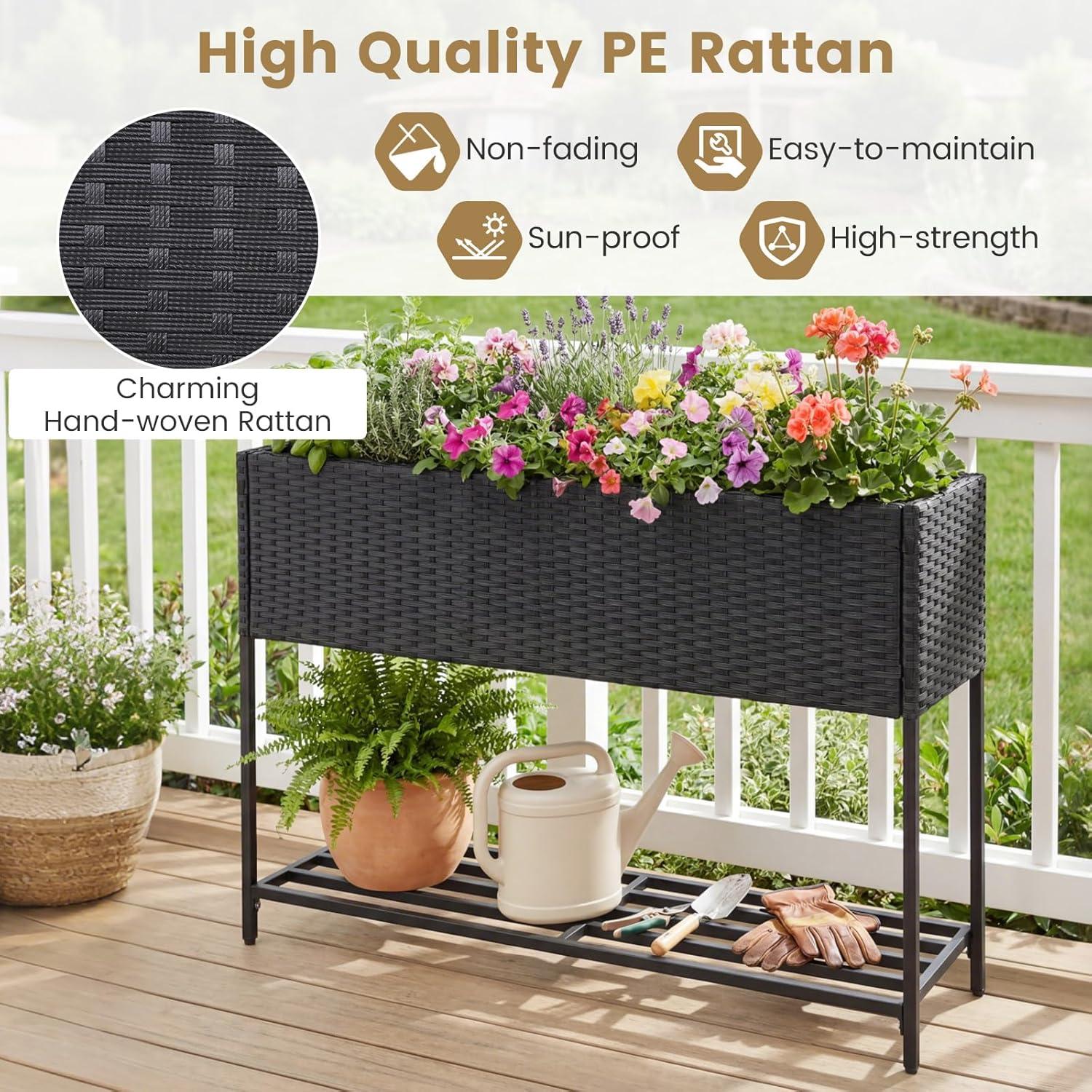 image:imageGiantex Raised Garden Bed with Legs 40 x 12 Rattan Elevated Planter Box wStorage Shelf Removable Liner Drainage Gaps for Vegetables Flowers amp Herbs Outdoor Planting Stand for Backyard PatioBlack