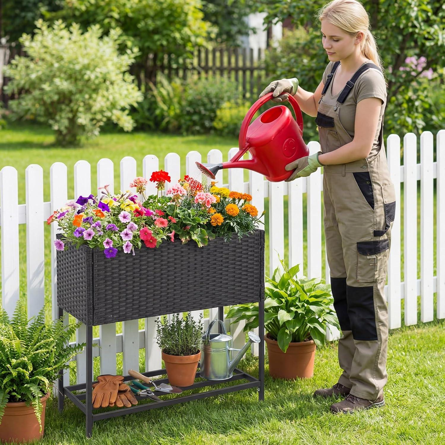 image:imageGiantex Raised Garden Bed with Legs 40 x 12 Rattan Elevated Planter Box wStorage Shelf Removable Liner Drainage Gaps for Vegetables Flowers amp Herbs Outdoor Planting Stand for Backyard PatioBlack