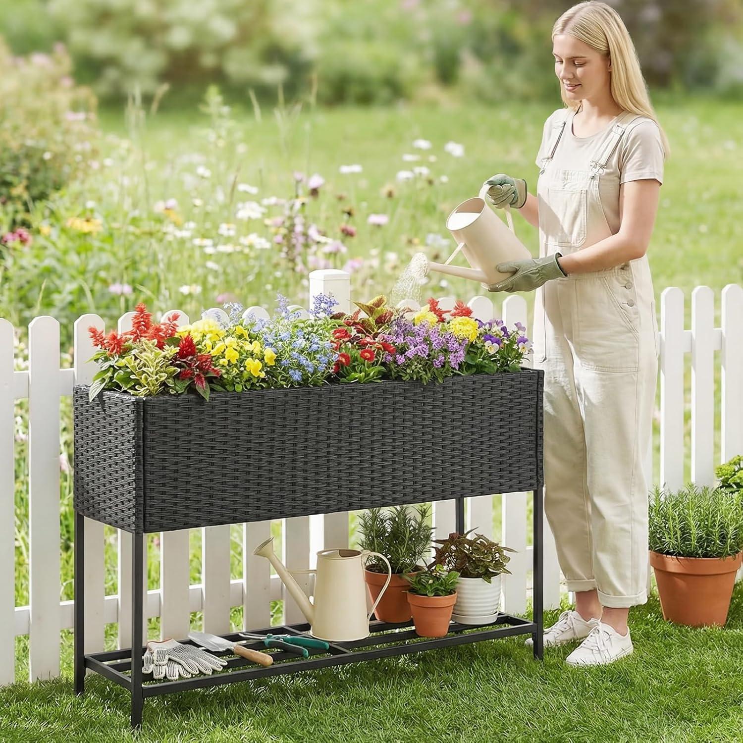 image:imageGiantex Raised Garden Bed with Legs 40 x 12 Rattan Elevated Planter Box wStorage Shelf Removable Liner Drainage Gaps for Vegetables Flowers amp Herbs Outdoor Planting Stand for Backyard PatioBlack
