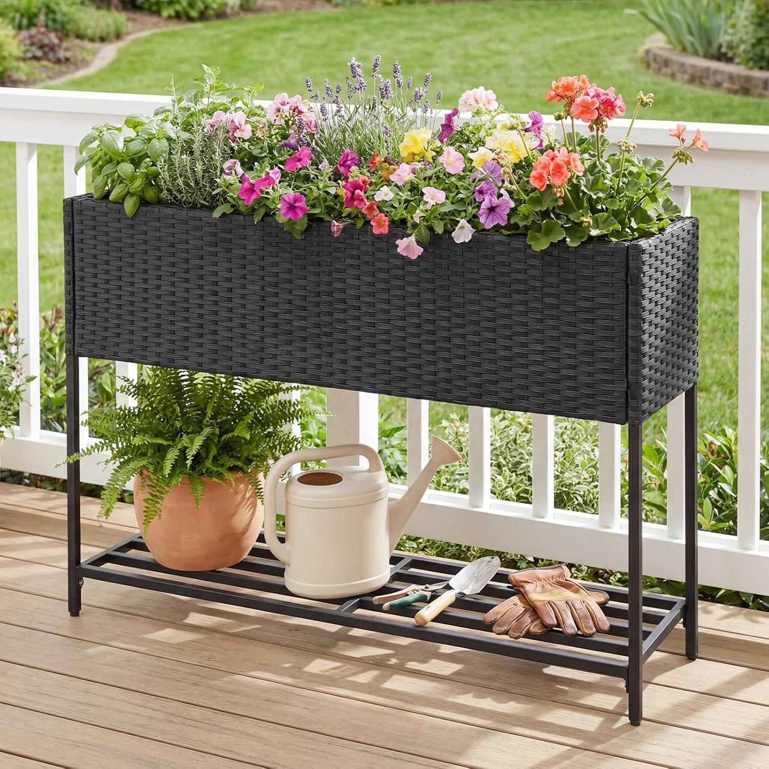 image:imageGiantex Raised Garden Bed with Legs 40 x 12 Rattan Elevated Planter Box wStorage Shelf Removable Liner Drainage Gaps for Vegetables Flowers amp Herbs Outdoor Planting Stand for Backyard PatioBlack