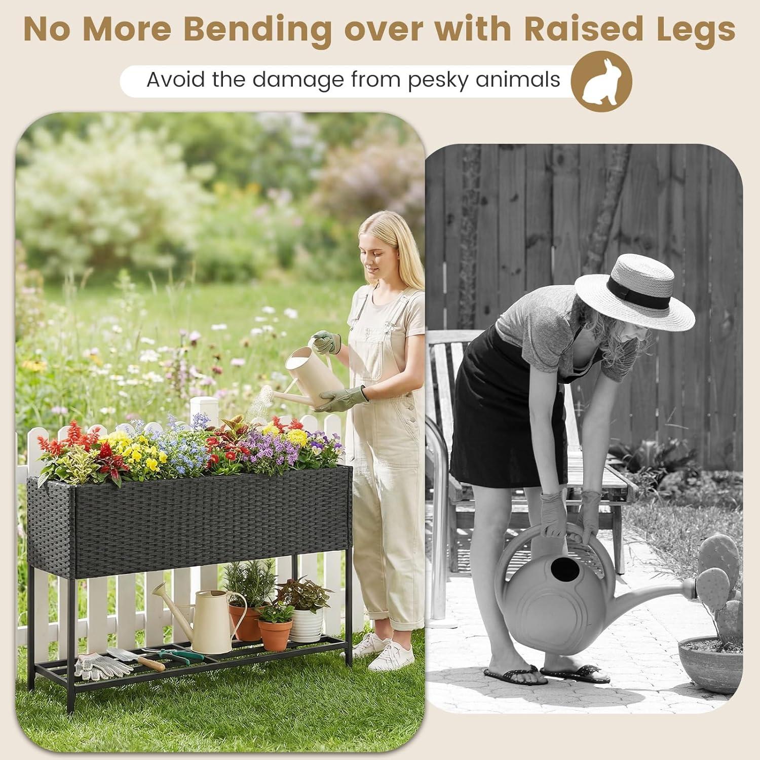 image:imageGiantex Raised Garden Bed with Legs 40 x 12 Rattan Elevated Planter Box wStorage Shelf Removable Liner Drainage Gaps for Vegetables Flowers amp Herbs Outdoor Planting Stand for Backyard PatioBlack