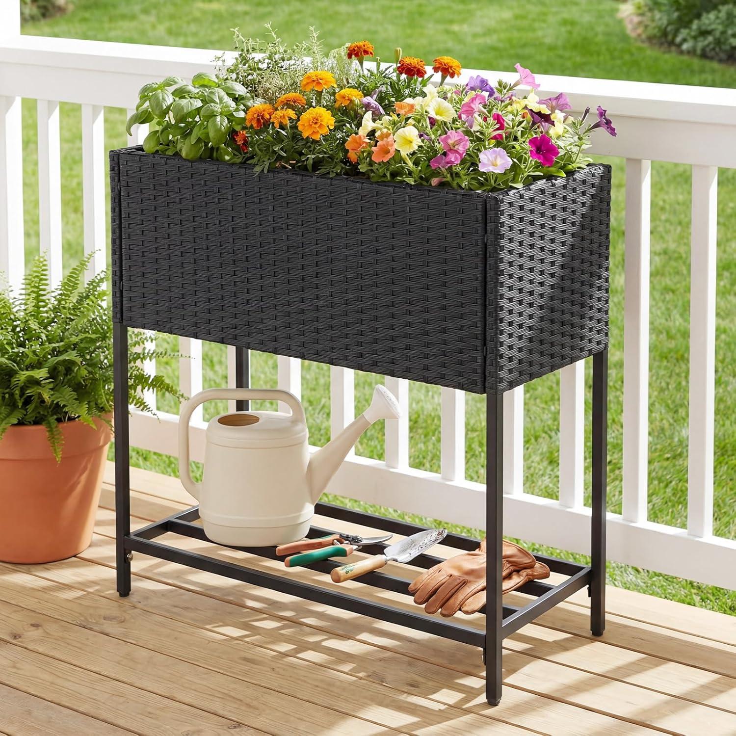 image:imageGiantex Raised Garden Bed with Legs 40 x 12 Rattan Elevated Planter Box wStorage Shelf Removable Liner Drainage Gaps for Vegetables Flowers amp Herbs Outdoor Planting Stand for Backyard PatioBlack