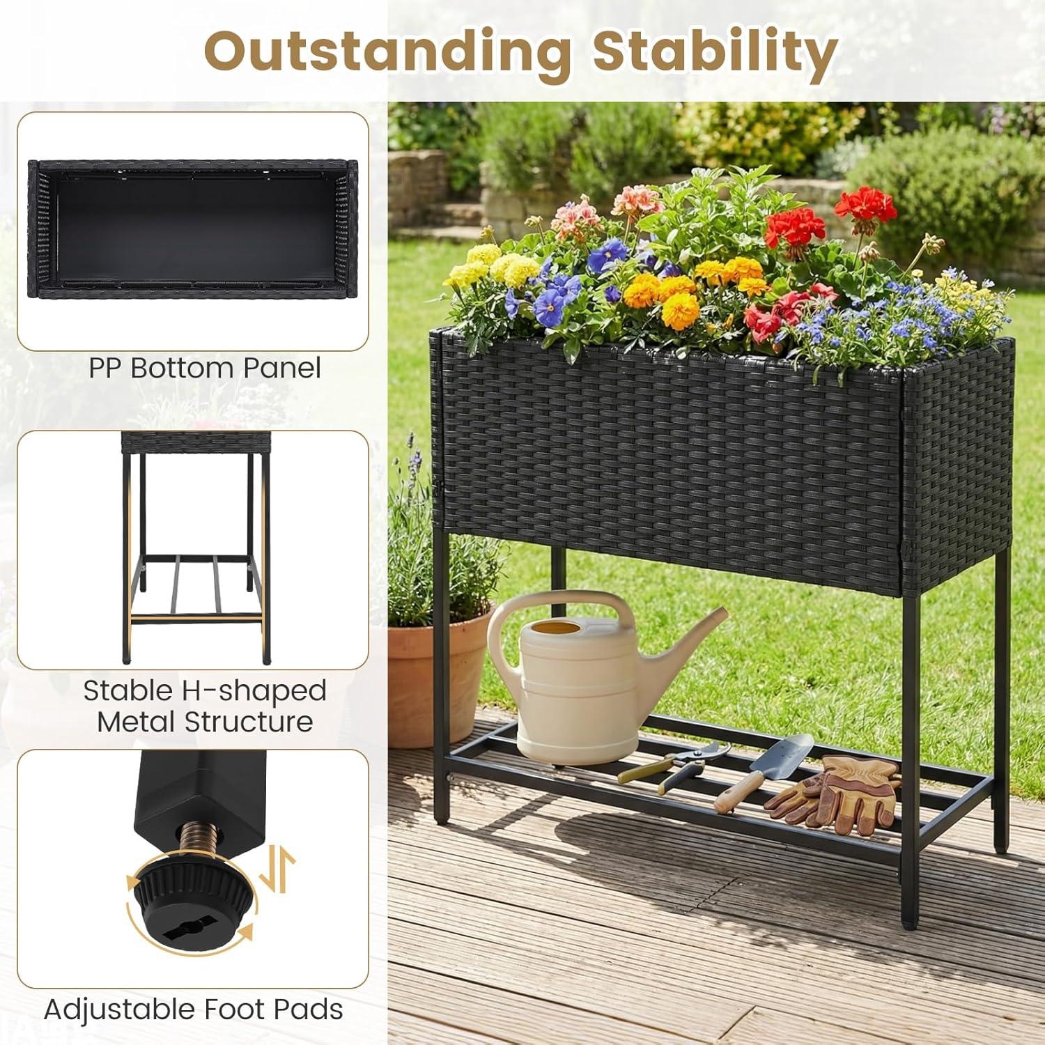 image:imageGiantex Raised Garden Bed with Legs 40 x 12 Rattan Elevated Planter Box wStorage Shelf Removable Liner Drainage Gaps for Vegetables Flowers amp Herbs Outdoor Planting Stand for Backyard PatioBlack