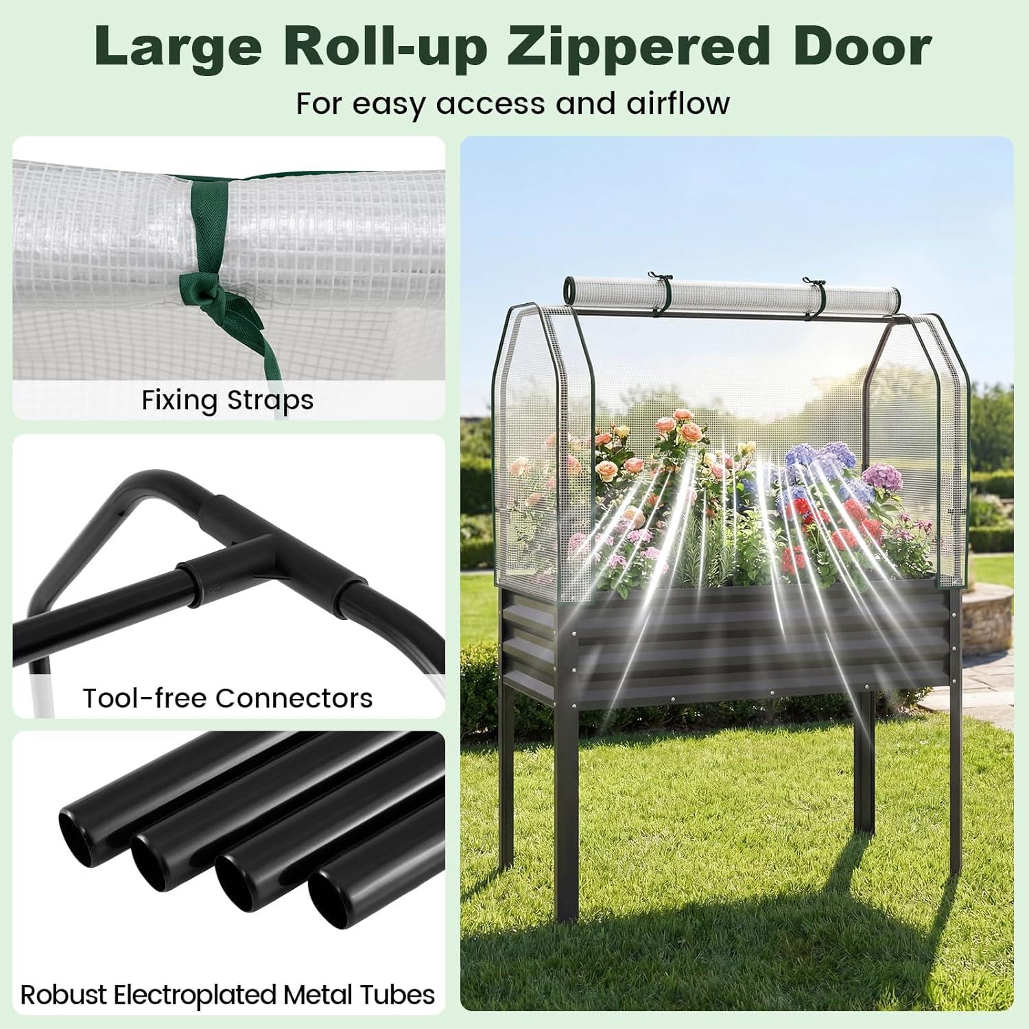 image:imageGiantex Raised Garden Bed with Legs amp Greenhouse Cover 44x22x60 Elevated Metal Planter Box with Rollup Door Outdoor Mini Greenhouse for Vegetable Flower Herb Patio Balcony Black2Black