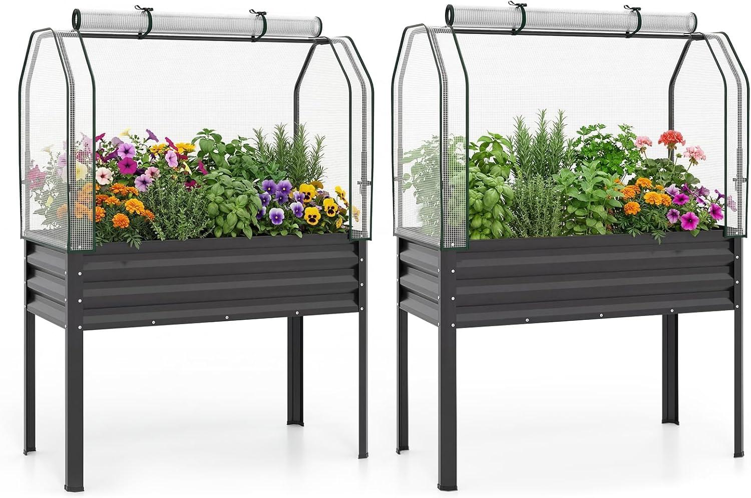 image:imageGiantex Raised Garden Bed with Legs amp Greenhouse Cover 44x22x60 Elevated Metal Planter Box with Rollup Door Outdoor Mini Greenhouse for Vegetable Flower Herb Patio Balcony Black2Black