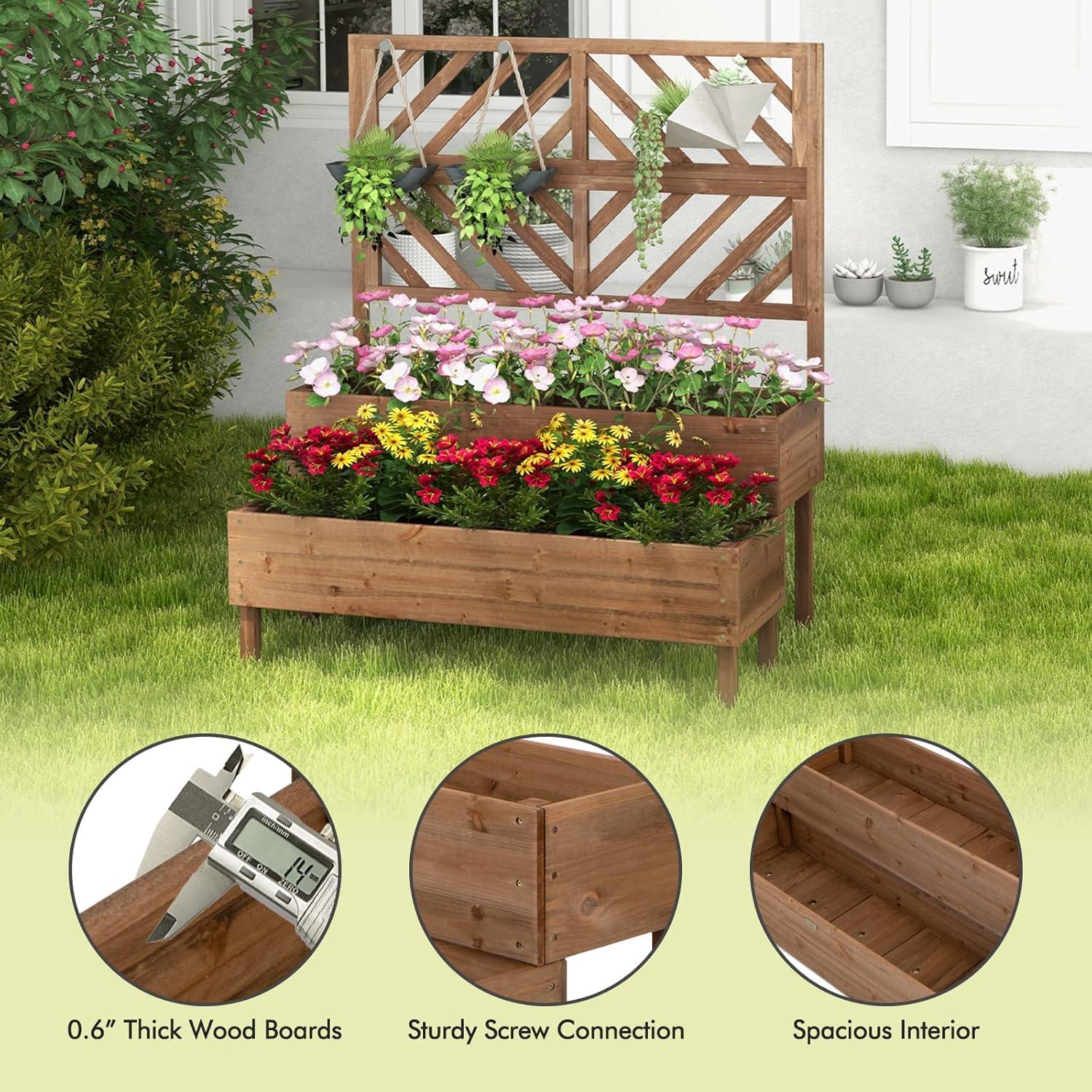 image:imageGiantex Raised Garden Bed with Trellis 2Tier Wooden Planter Box with Legs and Drain Holes Garden Trellis for Vine Fruit Vegetable Flower Herb Outdoor Elevated Garden Bed BrownBrown