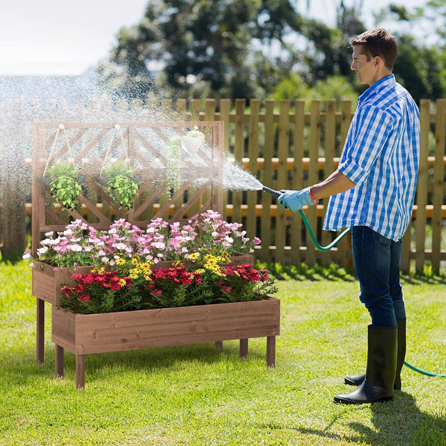 image:imageGiantex Raised Garden Bed with Trellis 2Tier Wooden Planter Box with Legs and Drain Holes Garden Trellis for Vine Fruit Vegetable Flower Herb Outdoor Elevated Garden Bed BrownBrown