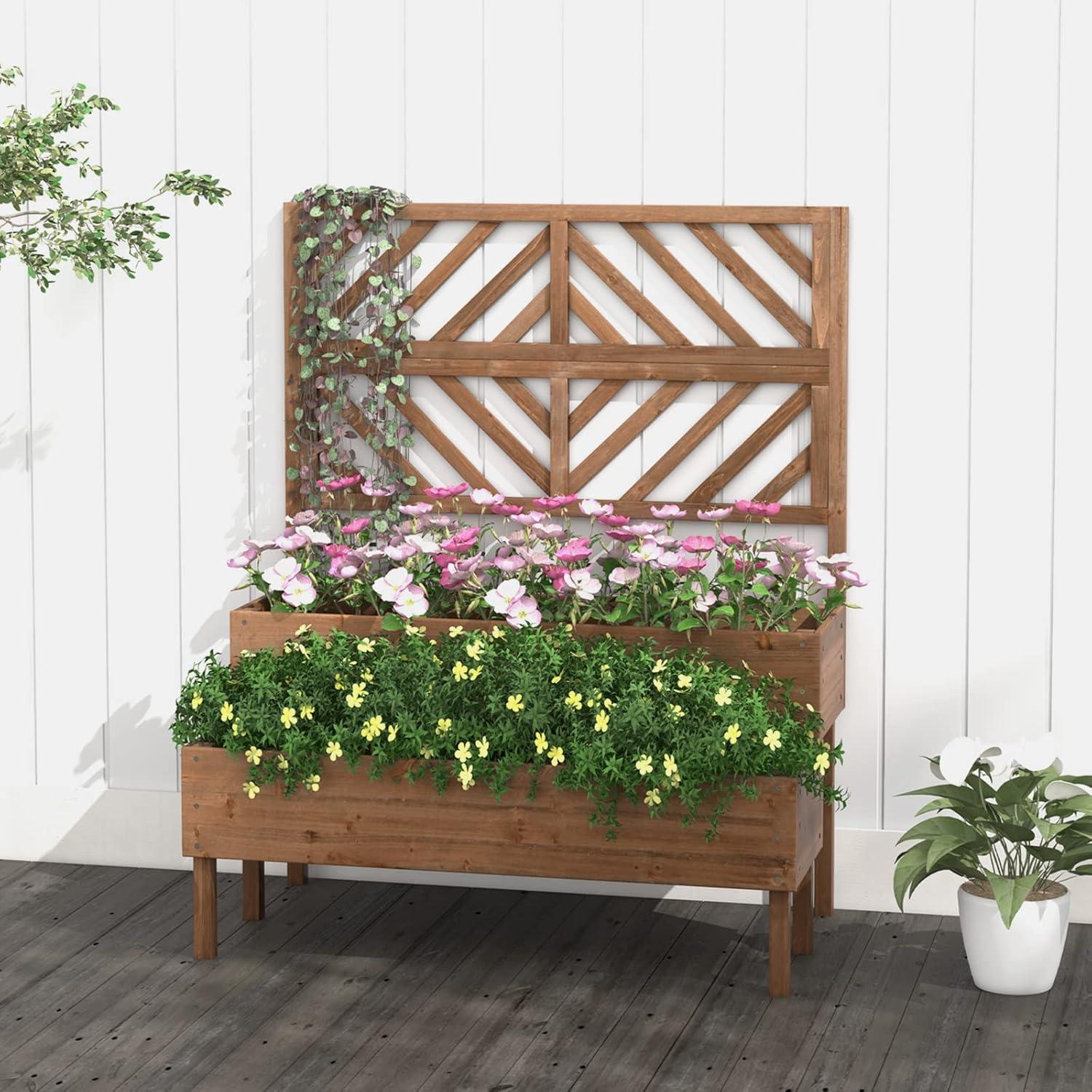 image:imageGiantex Raised Garden Bed with Trellis 2Tier Wooden Planter Box with Legs and Drain Holes Garden Trellis for Vine Fruit Vegetable Flower Herb Outdoor Elevated Garden Bed BrownBrown