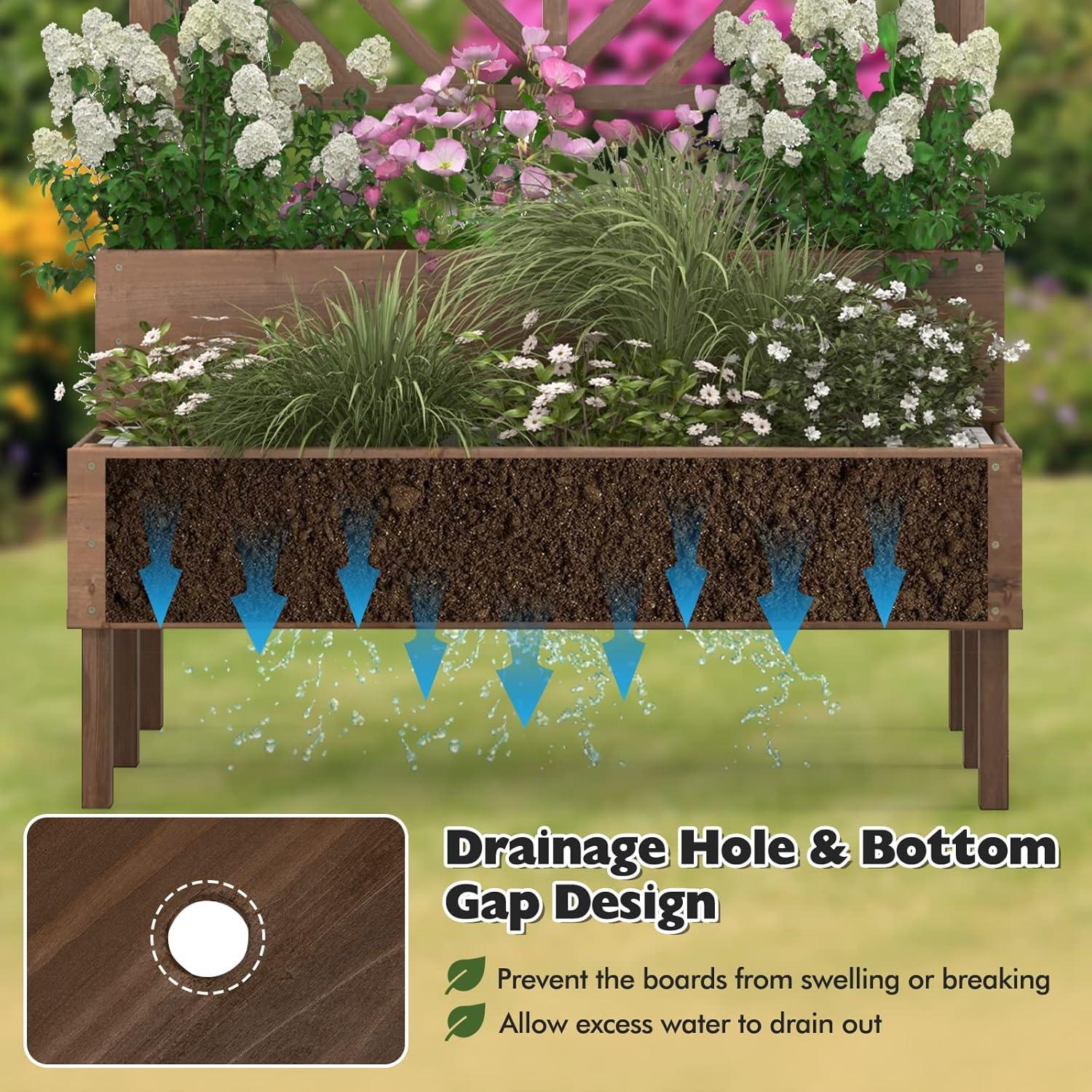 image:imageGiantex Raised Garden Bed with Trellis 2Tier Wooden Planter Box with Legs and Drain Holes Garden Trellis for Vine Fruit Vegetable Flower Herb Outdoor Elevated Garden Bed BrownBrown