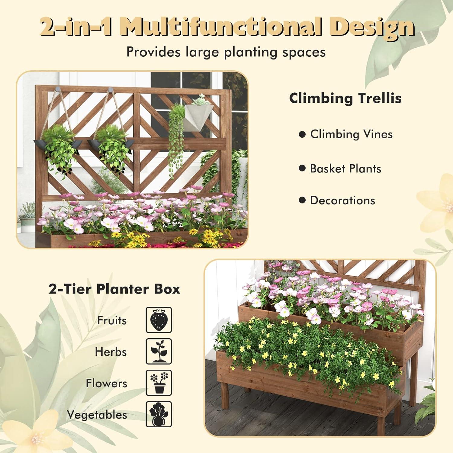 image:imageGiantex Raised Garden Bed with Trellis 2Tier Wooden Planter Box with Legs and Drain Holes Garden Trellis for Vine Fruit Vegetable Flower Herb Outdoor Elevated Garden Bed BrownBrown