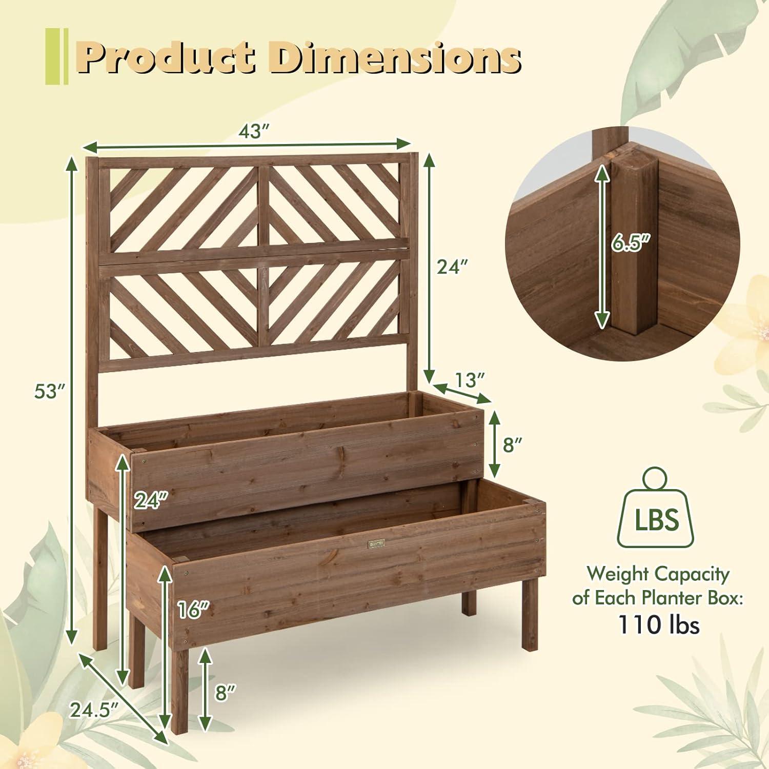 image:imageGiantex Raised Garden Bed with Trellis 2Tier Wooden Planter Box with Legs and Drain Holes Garden Trellis for Vine Fruit Vegetable Flower Herb Outdoor Elevated Garden Bed BrownBrown