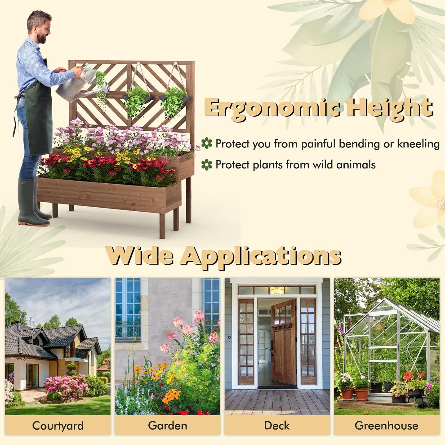 image:imageGiantex Raised Garden Bed with Trellis 2Tier Wooden Planter Box with Legs and Drain Holes Garden Trellis for Vine Fruit Vegetable Flower Herb Outdoor Elevated Garden Bed BrownBrown