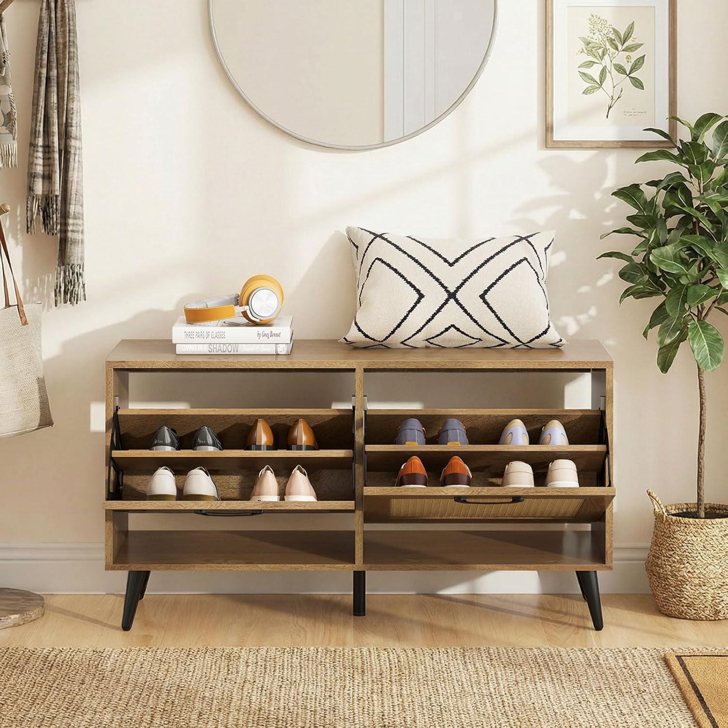 image:imageGiantex Rattan Shoe Storage Bench with 2 Flip Drawers 40 W Entryway Bench with Storage Adjustable Shelves Wooden Shoe Cabinet for Entry Way Hallway Foyer Living Room