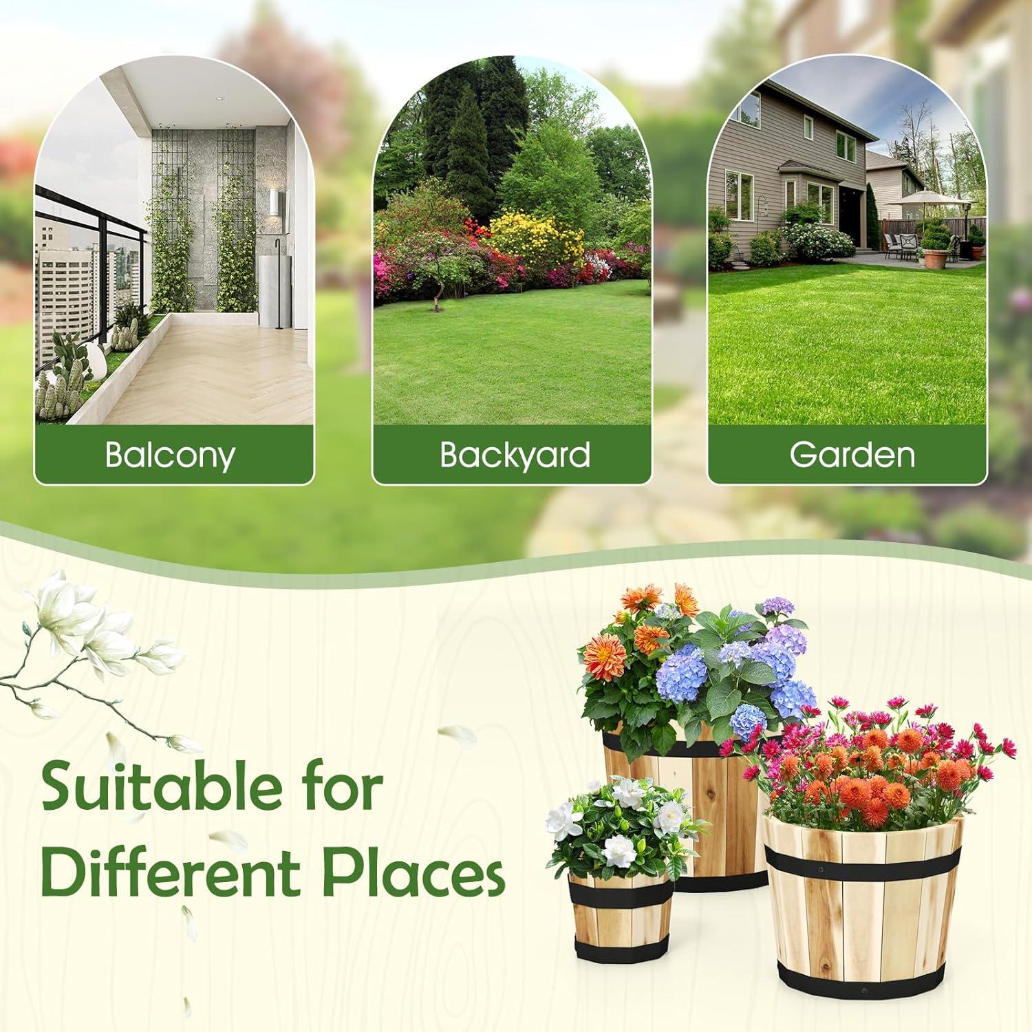 image:imageGiantex Set of 3 Barrel Planters Outdoor Acacia Wood Raised Garden Bed for Flower Vegetable Fruit Whiskey Bucket Shape Planter Boxes in Different Sizes for Patio Porch Balcony Yard NaturalNatural
