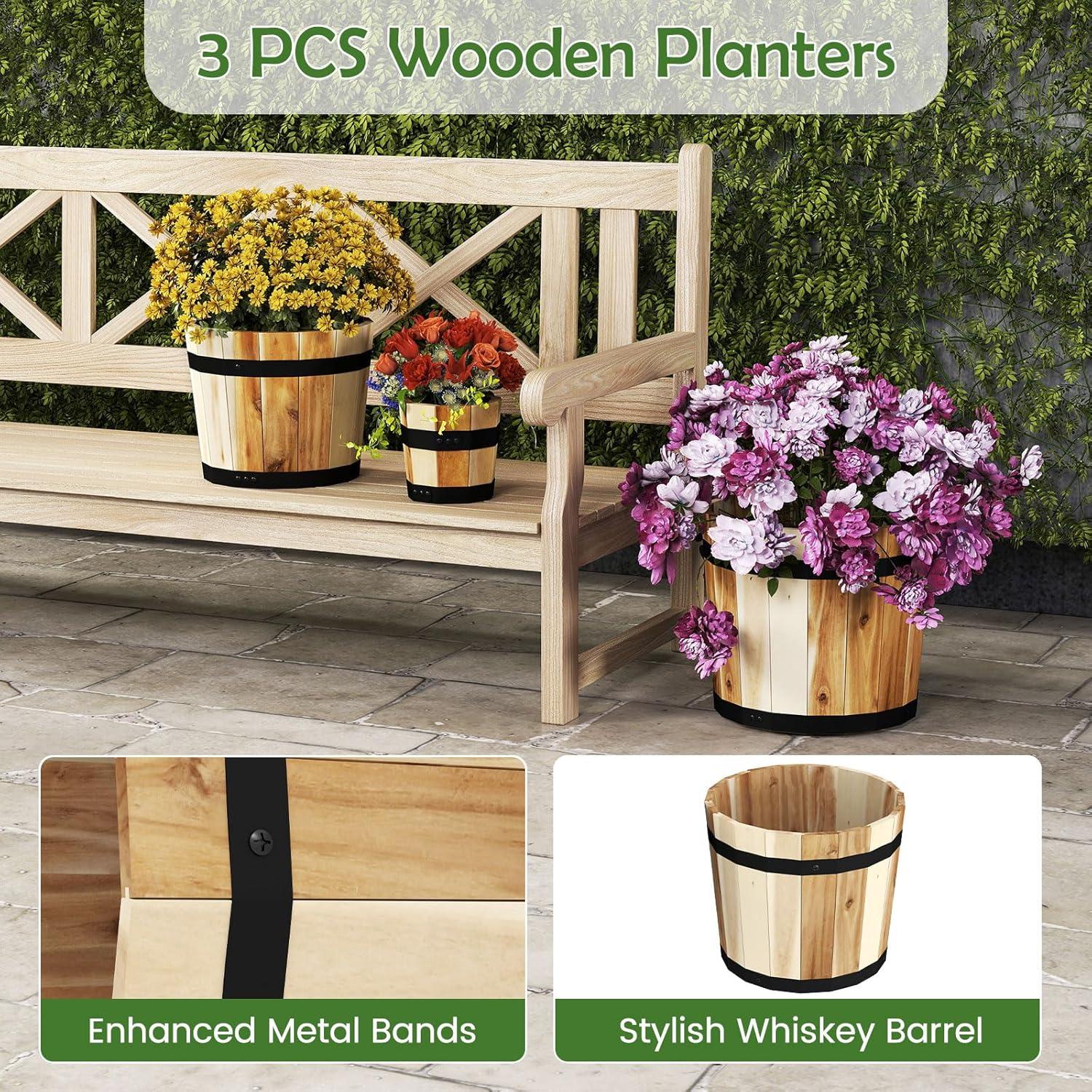 image:imageGiantex Set of 3 Barrel Planters Outdoor Acacia Wood Raised Garden Bed for Flower Vegetable Fruit Whiskey Bucket Shape Planter Boxes in Different Sizes for Patio Porch Balcony Yard NaturalNatural