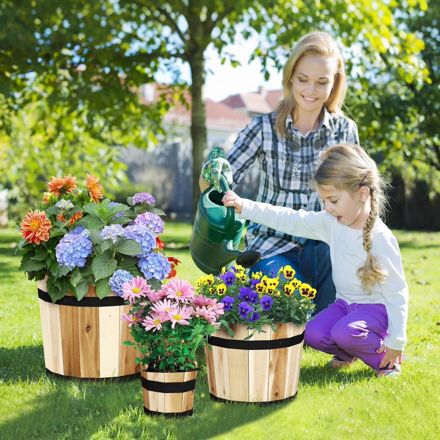 image:imageGiantex Set of 3 Barrel Planters Outdoor Acacia Wood Raised Garden Bed for Flower Vegetable Fruit Whiskey Bucket Shape Planter Boxes in Different Sizes for Patio Porch Balcony Yard NaturalNatural