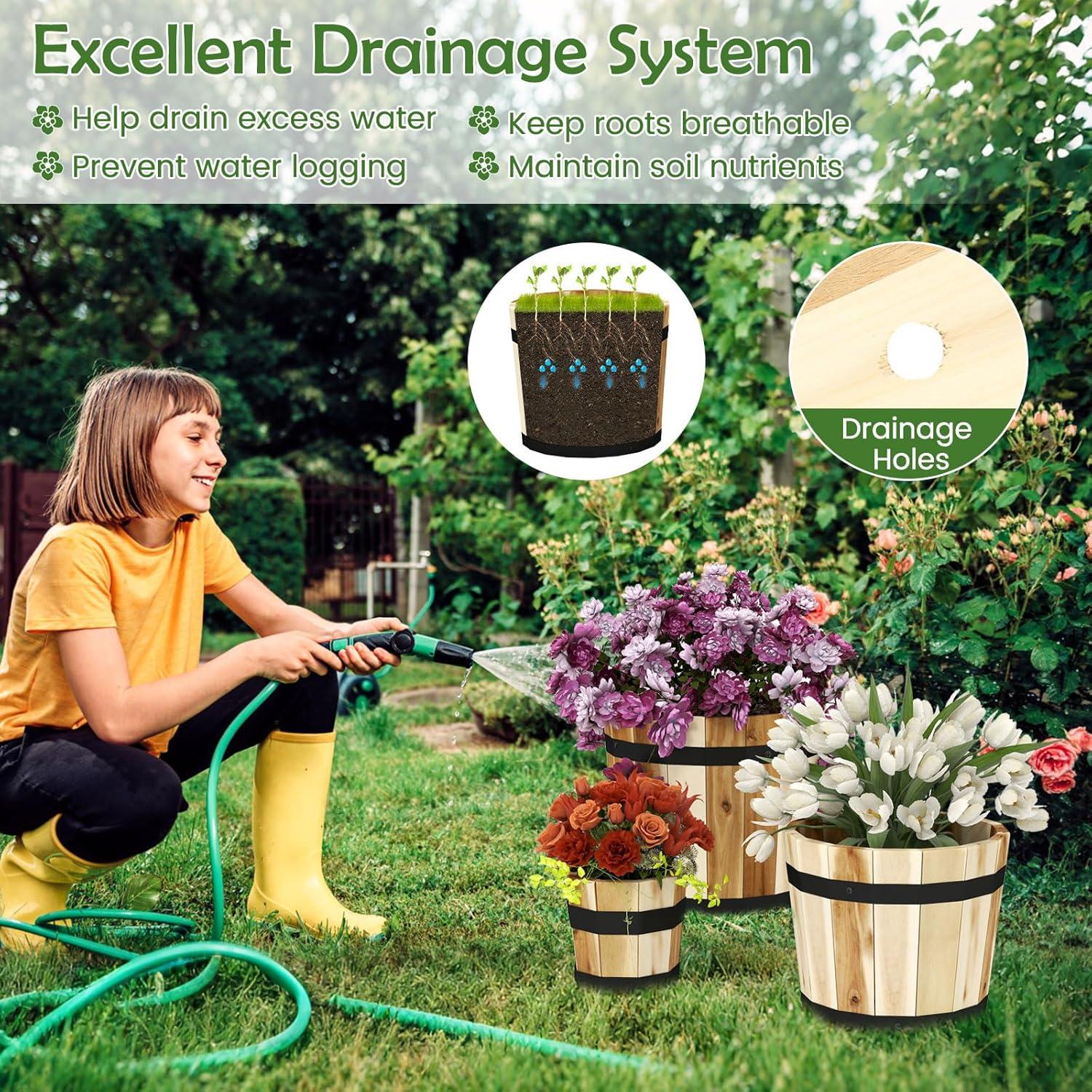 image:imageGiantex Set of 3 Barrel Planters Outdoor Acacia Wood Raised Garden Bed for Flower Vegetable Fruit Whiskey Bucket Shape Planter Boxes in Different Sizes for Patio Porch Balcony Yard NaturalNatural