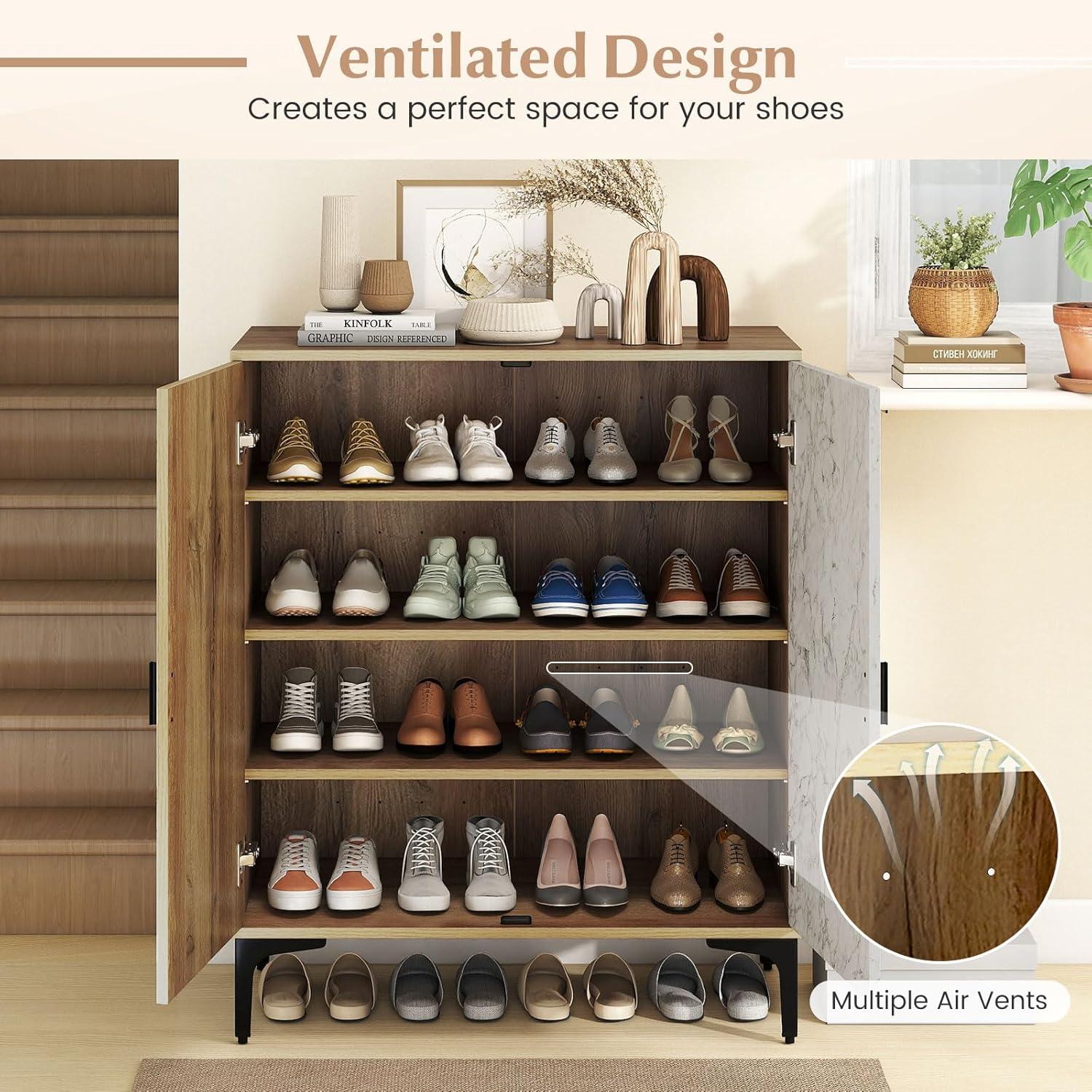 image:imageGiantex Shoe Cabinet 4Tier Wooden Shoe Rack Cabinet with Marble Pattern Doors amp Removable Shelves Freestanding Shoe Storage Cabinet for Entryway Hallway Living RoomMarble Pattern Door