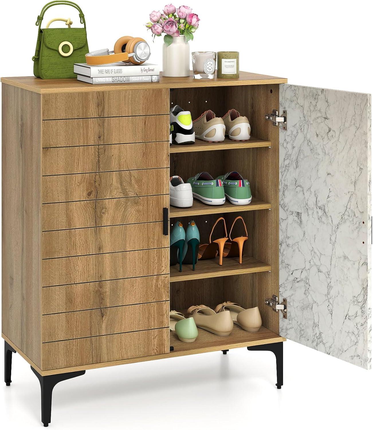 image:imageGiantex Shoe Cabinet 4Tier Wooden Shoe Rack Cabinet with Marble Pattern Doors amp Removable Shelves Freestanding Shoe Storage Cabinet for Entryway Hallway Living RoomMarble Pattern Door