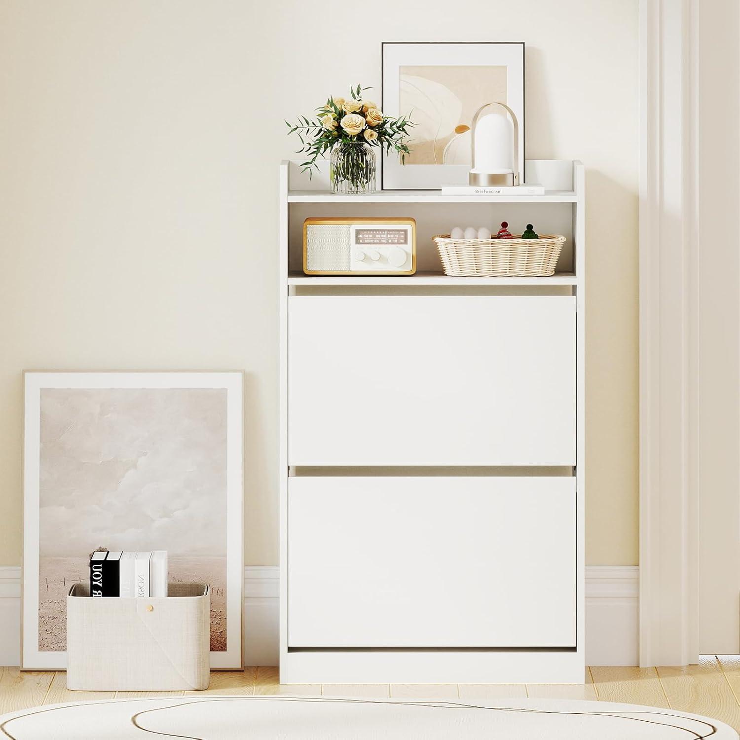 image:imageGiantex Shoe Cabinet with 2 Flip Drawers Freestanding Narrow Shoe Organizer Cabinet with 2 Open Shelves Slim Shoe Storage Cabinet for Entryway Hallway Foyer White