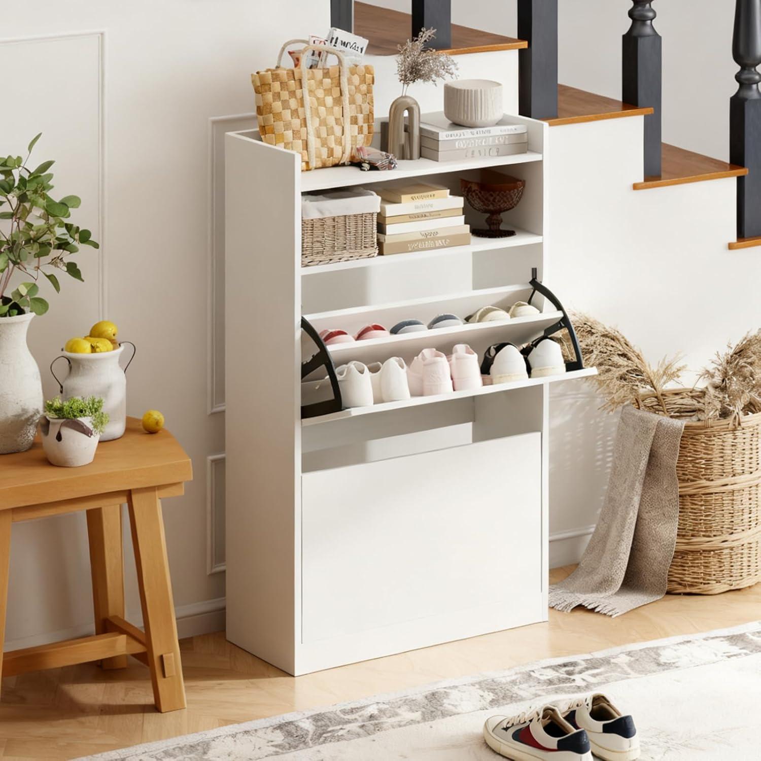 image:imageGiantex Shoe Cabinet with 2 Flip Drawers Freestanding Narrow Shoe Organizer Cabinet with 2 Open Shelves Slim Shoe Storage Cabinet for Entryway Hallway Foyer White