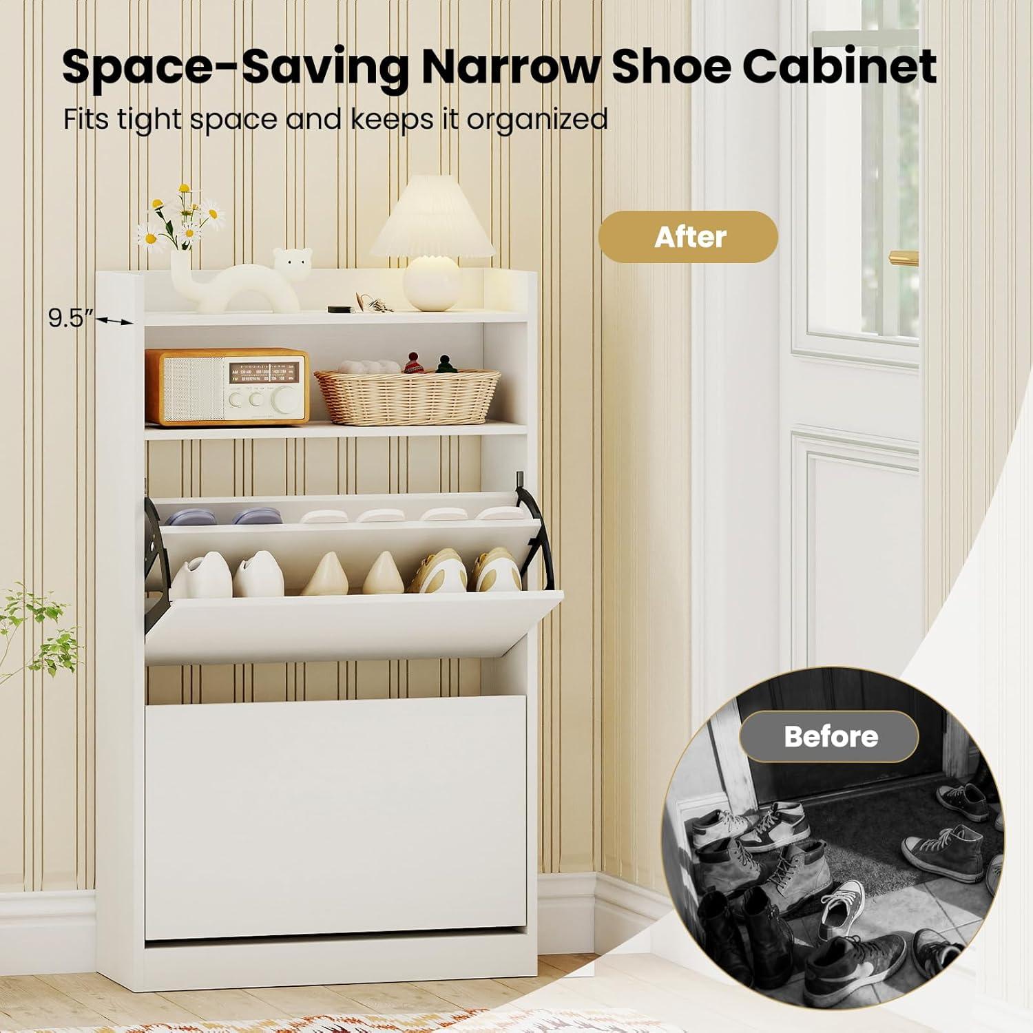 image:imageGiantex Shoe Cabinet with 2 Flip Drawers Freestanding Narrow Shoe Organizer Cabinet with 2 Open Shelves Slim Shoe Storage Cabinet for Entryway Hallway Foyer White