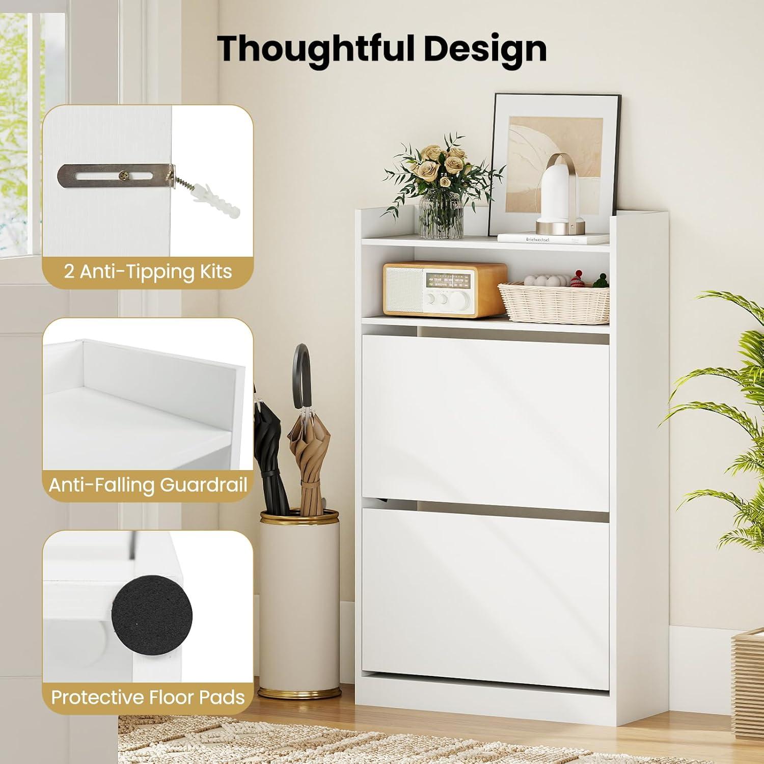 image:imageGiantex Shoe Cabinet with 2 Flip Drawers Freestanding Narrow Shoe Organizer Cabinet with 2 Open Shelves Slim Shoe Storage Cabinet for Entryway Hallway Foyer White