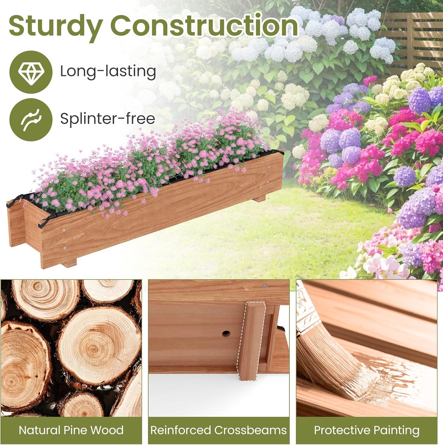 image:imageGiantex Wood Raised Garden Bed Rectangular Planter Box wDrainage Hole Removable Liner for Growing Vegetable Flower Herb Indoor Outdoor Plant Container for Backyard Deck Balcony 36x7x7