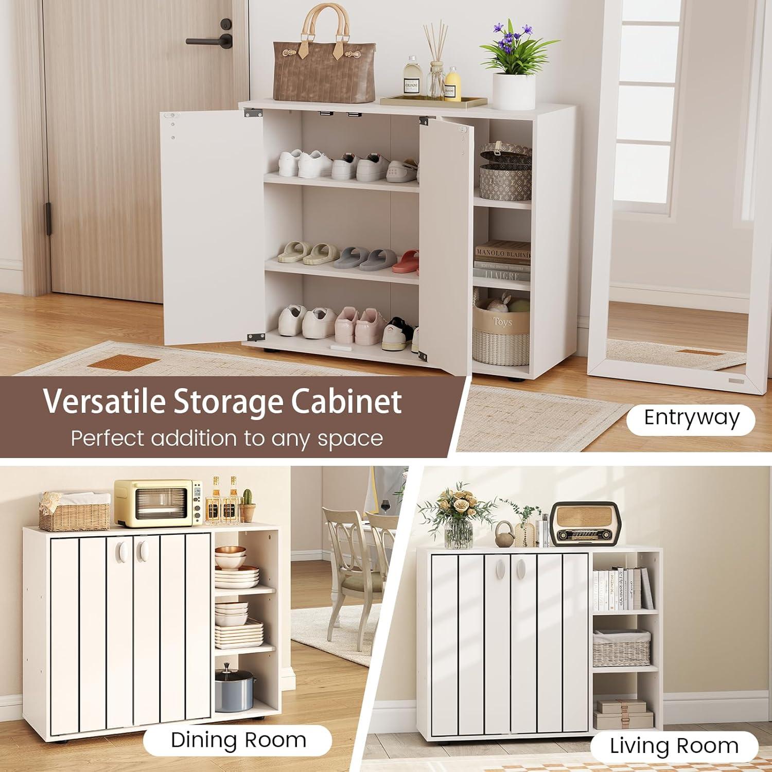 image:imageGiantex Wood Shoe Cabinet with Doors Freestanding Shoe Rack Cabinet with 3Level Adjustable Open Shelves Modern Wooden Shoe Storage Cabinet for Entryway Hallway Closet Living Room NaturalWhite