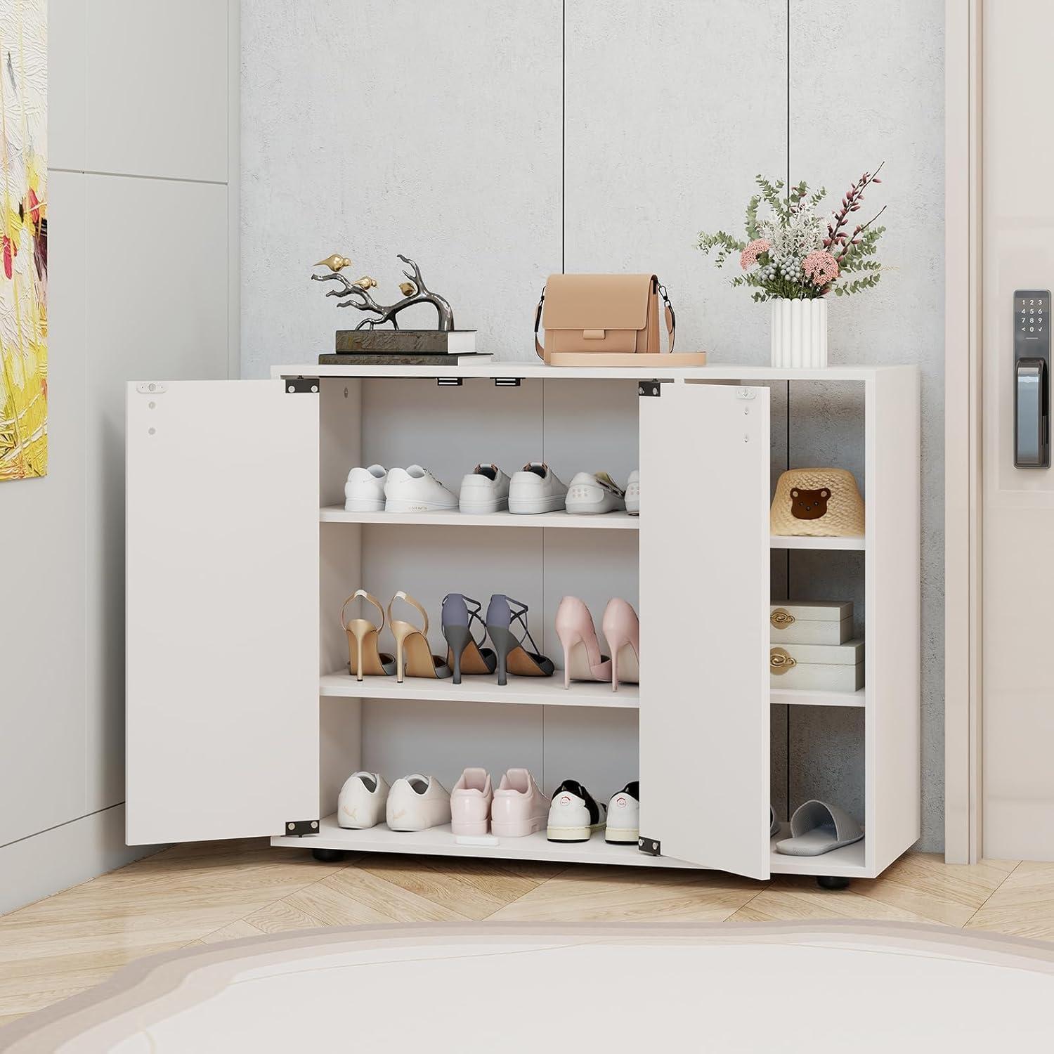 image:imageGiantex Wood Shoe Cabinet with Doors Freestanding Shoe Rack Cabinet with 3Level Adjustable Open Shelves Modern Wooden Shoe Storage Cabinet for Entryway Hallway Closet Living Room NaturalWhite