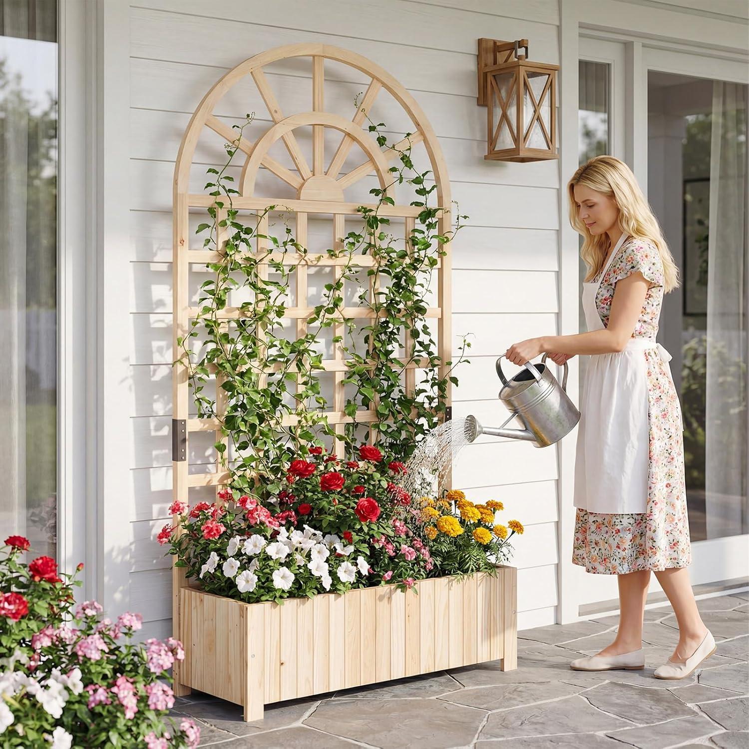 image:imageGiantex Wooden Raised Garden Bed with Arched Trellis 48 Fir Wood Outdoor Elevated Planter Box Privacy Screen with Drainage Holes Vertical Garden Bed for Climbing Plants Patio Balcony BackyardNatural
