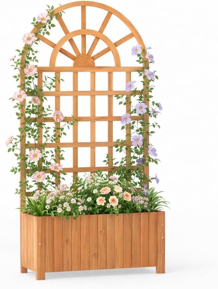 image:imageGiantex Wooden Raised Garden Bed with Arched Trellis 48 Fir Wood Outdoor Elevated Planter Box Privacy Screen with Drainage Holes Vertical Garden Bed for Climbing Plants Patio Balcony BackyardOrange