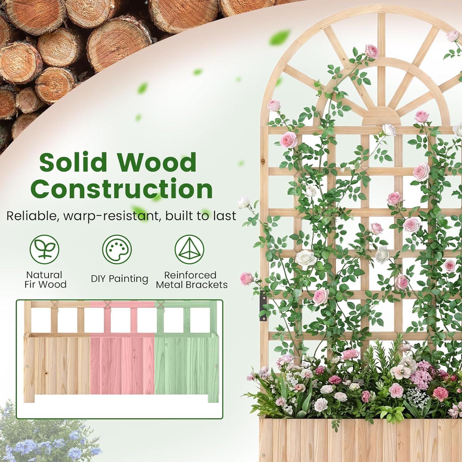 image:imageGiantex Wooden Raised Garden Bed with Arched Trellis 48 Fir Wood Outdoor Elevated Planter Box Privacy Screen with Drainage Holes Vertical Garden Bed for Climbing Plants Patio Balcony BackyardNatural