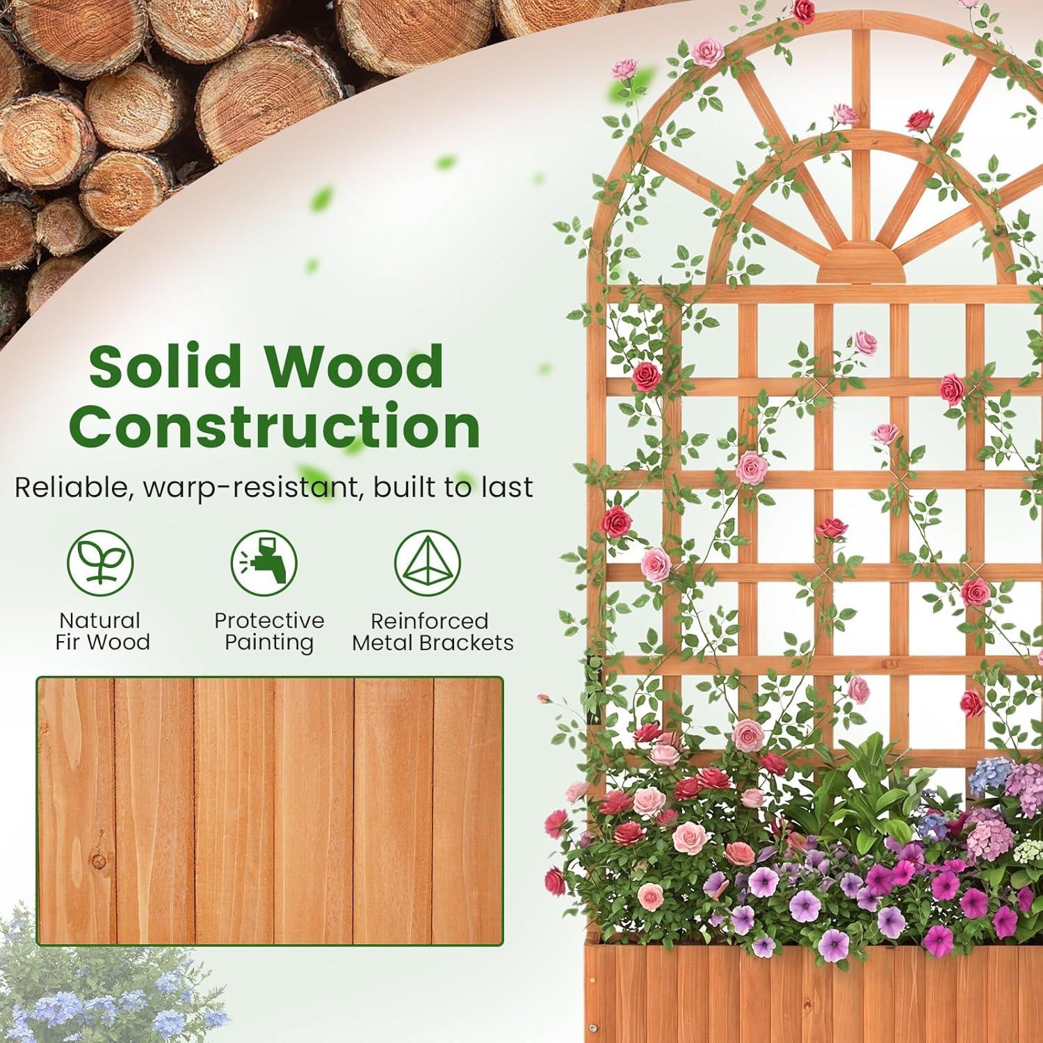 image:imageGiantex Wooden Raised Garden Bed with Arched Trellis 48 Fir Wood Outdoor Elevated Planter Box Privacy Screen with Drainage Holes Vertical Garden Bed for Climbing Plants Patio Balcony BackyardOrange