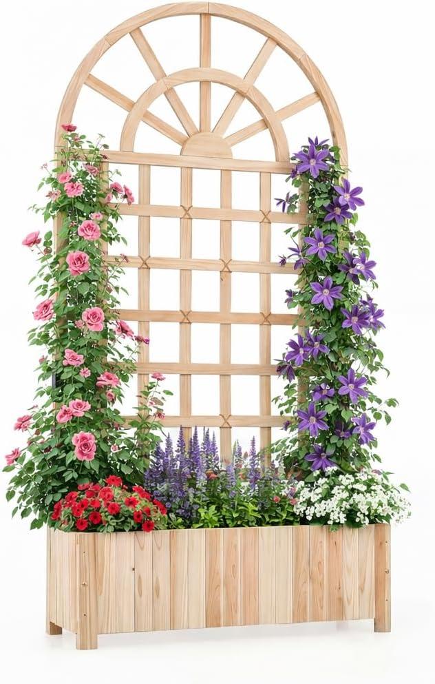 image:imageGiantex Wooden Raised Garden Bed with Arched Trellis 48 Fir Wood Outdoor Elevated Planter Box Privacy Screen with Drainage Holes Vertical Garden Bed for Climbing Plants Patio Balcony BackyardNatural