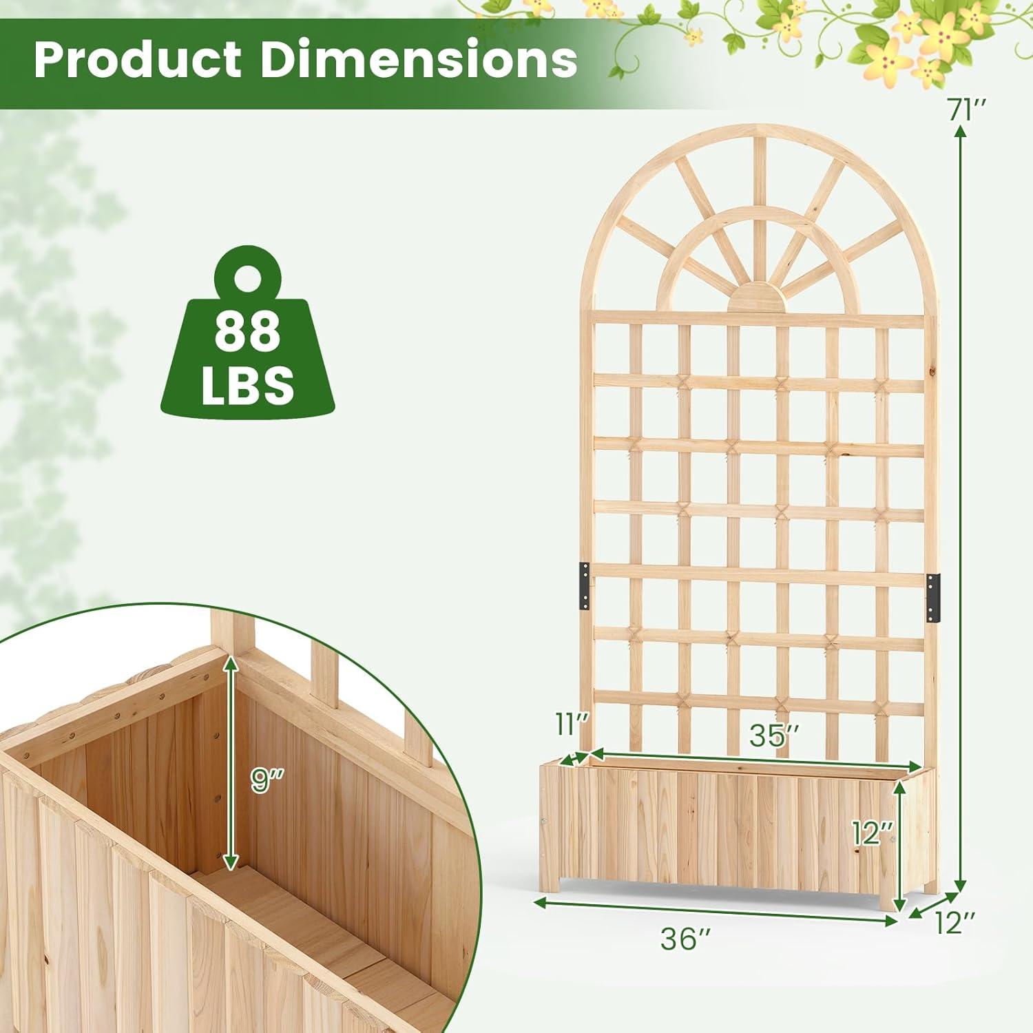 image:imageGiantex Wooden Raised Garden Bed with Arched Trellis 48 Fir Wood Outdoor Elevated Planter Box Privacy Screen with Drainage Holes Vertical Garden Bed for Climbing Plants Patio Balcony BackyardNatural