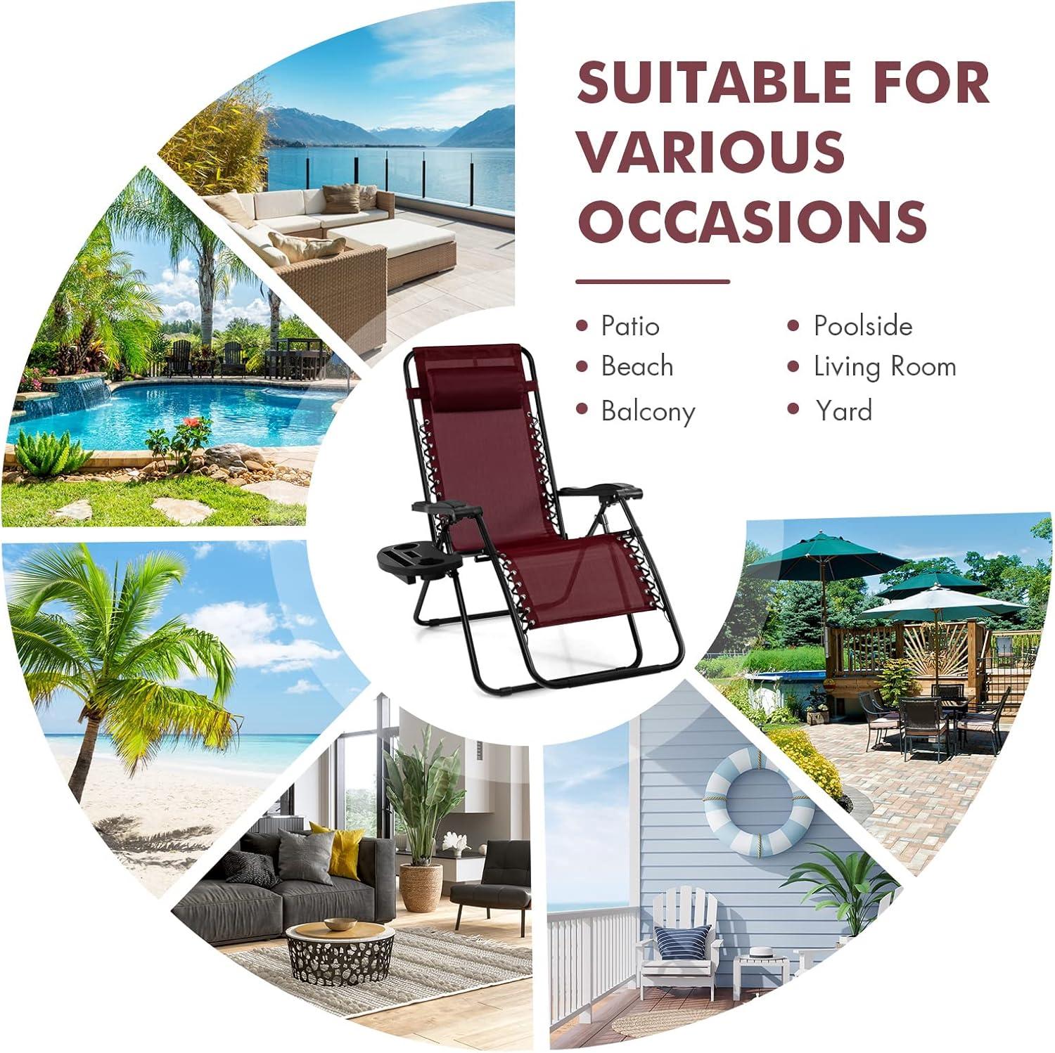 image:imageGiantex Zero Gravity Reclining Chair Outdoor Patio Recliner with Cup Holder amp Removable Pillow Adjustable Backrest Indoor Lounge Chair for Backyard Garden Poolside BrownBurgundy