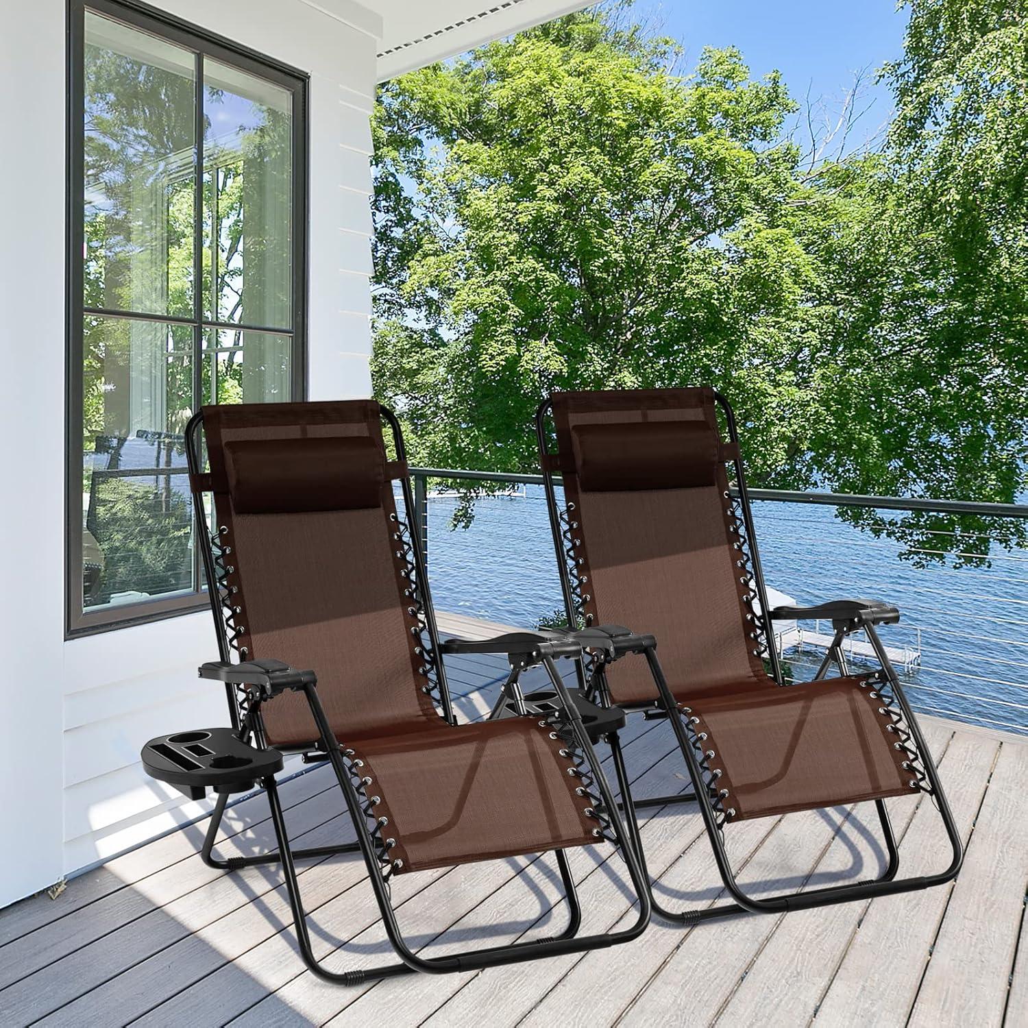 image:imageGiantex Zero Gravity Reclining Chair Outdoor Patio Recliner with Cup Holder amp Removable Pillow Adjustable Backrest Indoor Lounge Chair for Backyard Garden Poolside BrownBrown