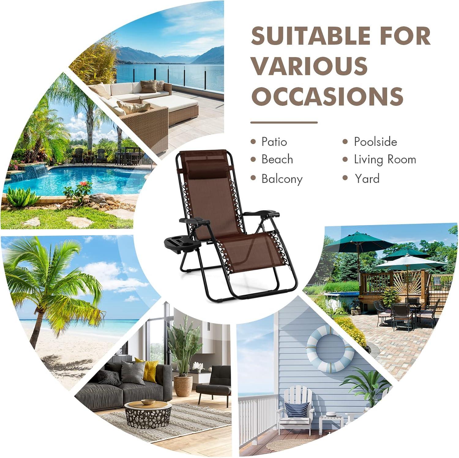 image:imageGiantex Zero Gravity Reclining Chair Outdoor Patio Recliner with Cup Holder amp Removable Pillow Adjustable Backrest Indoor Lounge Chair for Backyard Garden Poolside BrownBrown