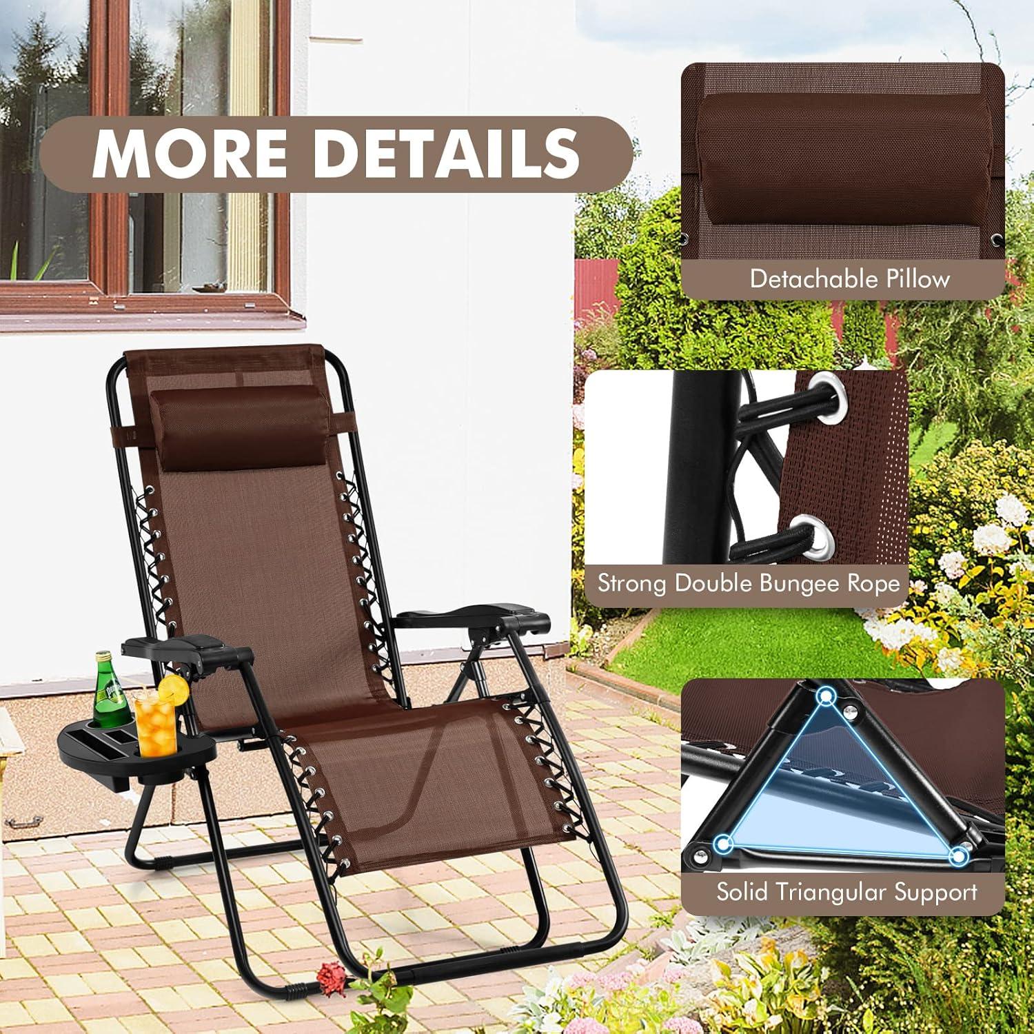 image:imageGiantex Zero Gravity Reclining Chair Outdoor Patio Recliner with Cup Holder amp Removable Pillow Adjustable Backrest Indoor Lounge Chair for Backyard Garden Poolside BrownBrown