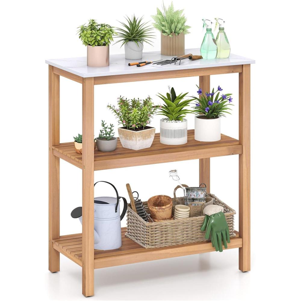 image:imageGiantex 3Tier Outdoor Potting Bench Acacia Wood Planting Workstation with Faux Marble Tabletop Open Storage Shelves 300LBS Capacity Garden Potting Table for Horticulture