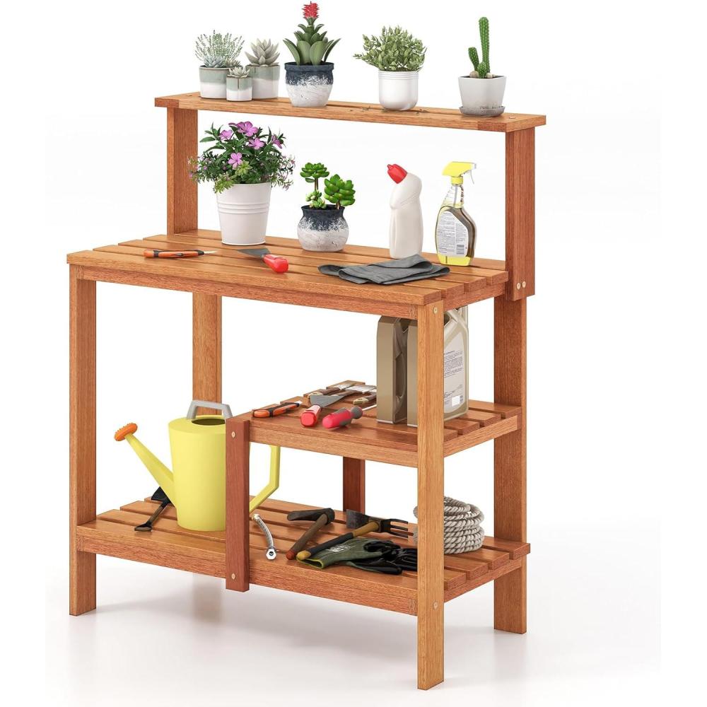 image:imageGiantex 4Tier Potting Bench Solid Wood Gardening Workstation wOpen Storage Shelves Teak Oil Finish Outdoor Potting Table for Garden Yard Balcony Easy Assembly Natural