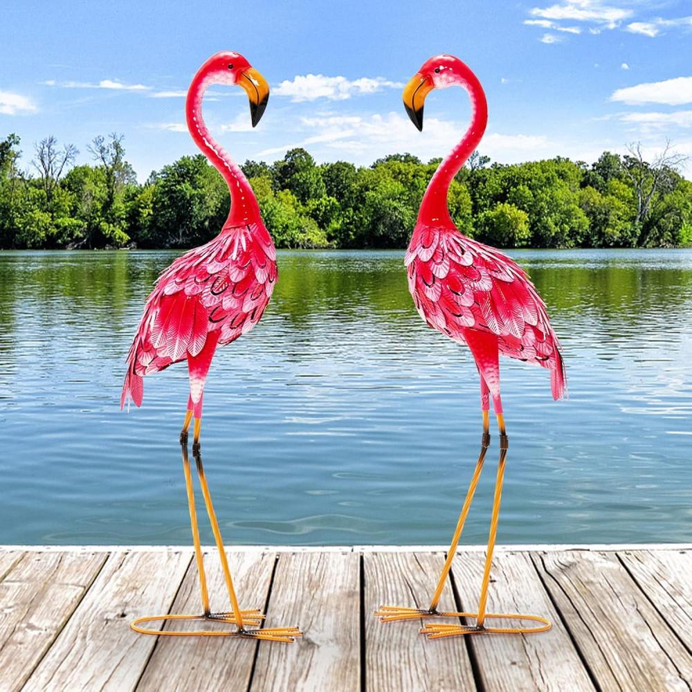 image:imageGiantex Flamingo Garden Statues Set of 2 Standing Metal Flamingo Sculptures Bird Ornament Yard Decorations for Lawn Backyard Porch Patio Outdoor Decor with 4 UShaped Stakes FlamingoFlamingo