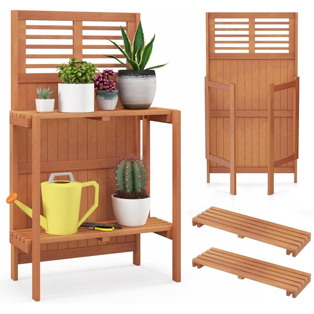 image:imageGiantex Folding Potting Bench 2Tier Gardening Workstation wStorage Shelves Wood Outdoor Potting Table for Garden Yard Balcony Easy Assembly Natural