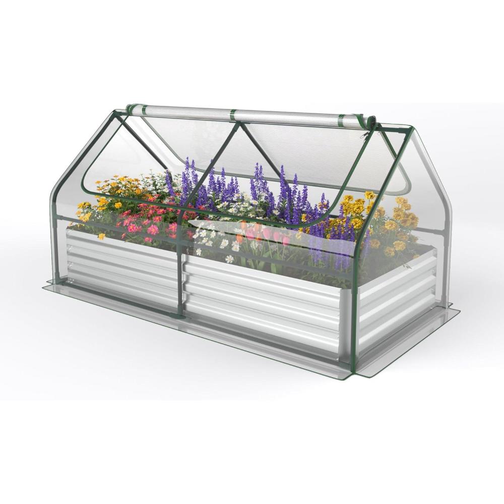 image:imageGiantex Galvanized Steel Raised Garden Bed with Mini Greenhouse Outdoor Metal Planter Box Kit with Large Rollup PVC Cover 71x 355x 36 Planter Raised Bed for Growing Flower Herb Vegetable FruitSilver