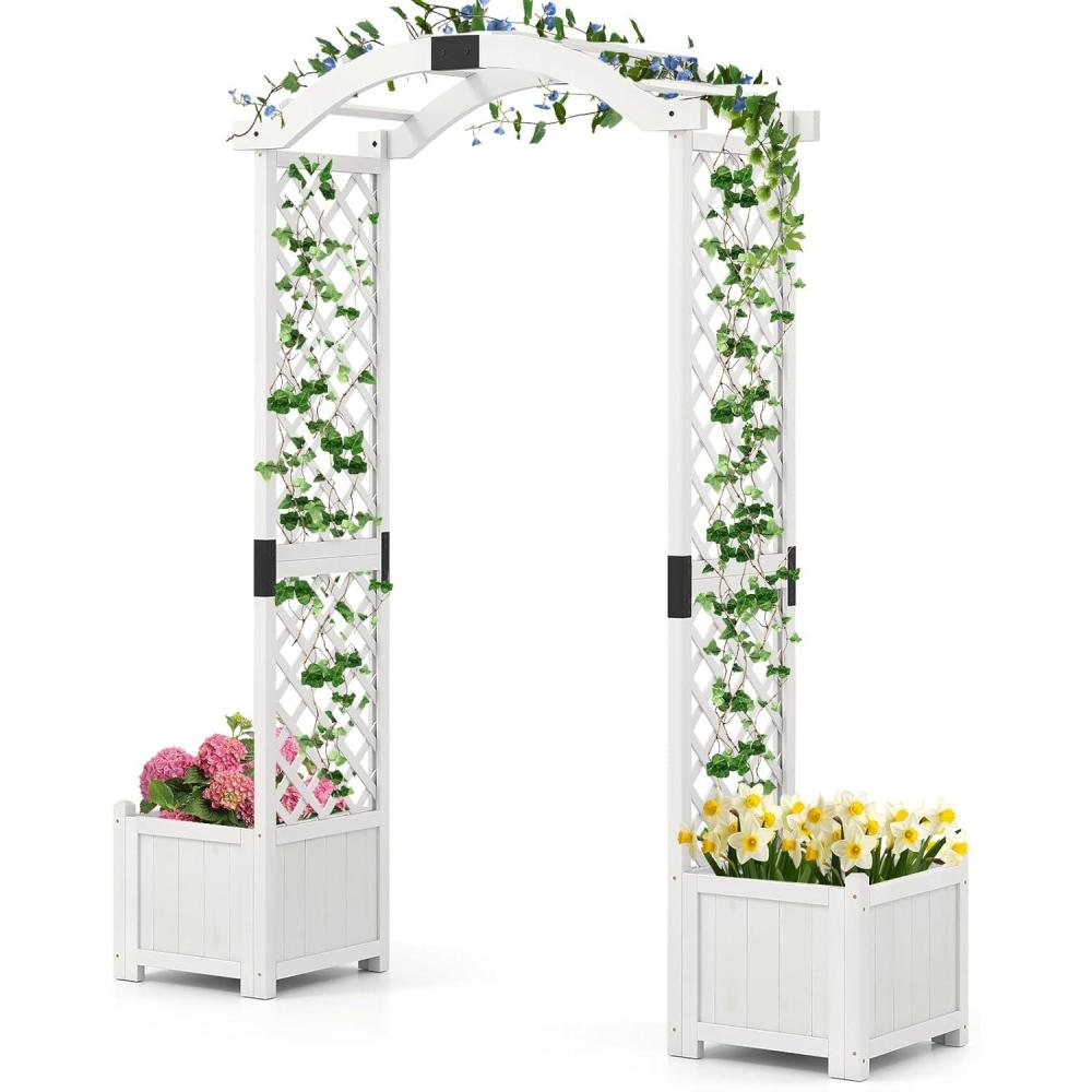 image:imageGiantex Garden Arbor with Planter Boxes Wooden Arch with Trellis and Raised Garden Bed for Climbing Vine Plants Vegetables Herbs Decorative Arbor Archway for Wedding Ceremony Party OrangeWhite
