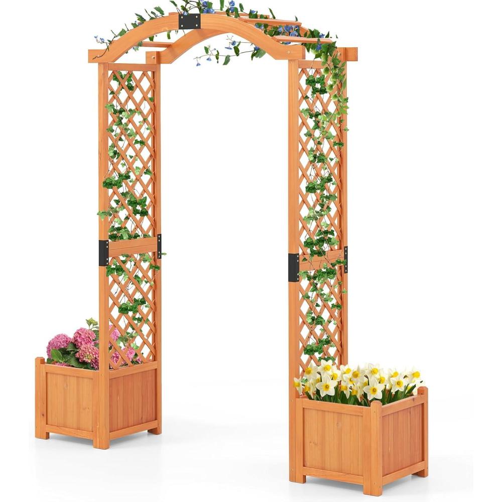 image:imageGiantex Garden Arbor with Planter Boxes Wooden Arch with Trellis and Raised Garden Bed for Climbing Vine Plants Vegetables Herbs Decorative Arbor Archway for Wedding Ceremony Party OrangeOrange