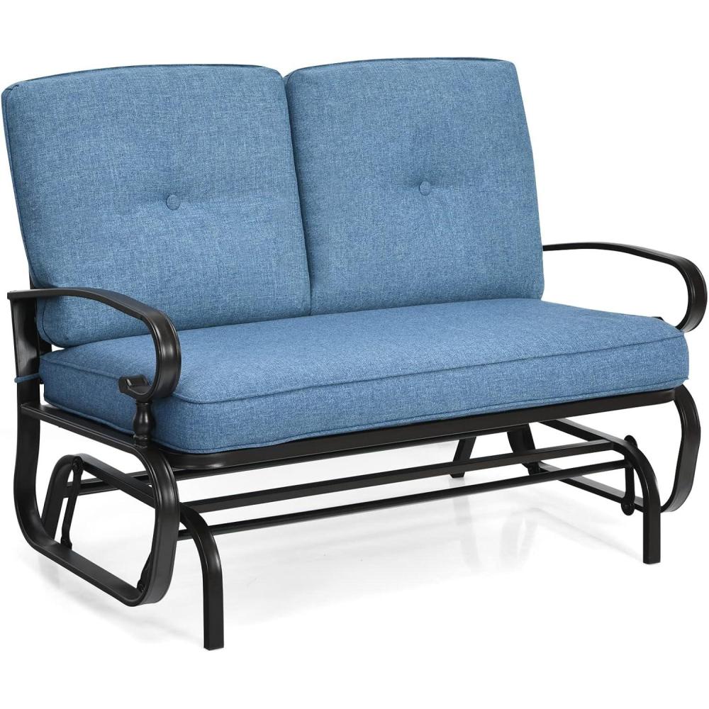 image:imageGiantex Outdoor Glider Bench Patio Loveseat with Cushions 440 Lbs Capacity 2Person Outdoor Rocking Chair Porch Glider Swing for Garden Backyard Poolside Patio Seating Rocker BeigeNavy