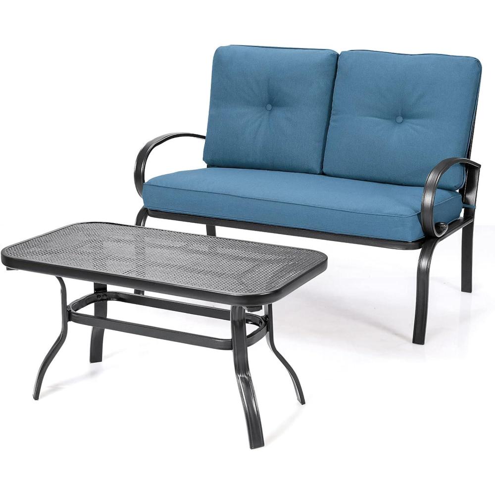 image:imageGiantex Patio Loveseat with Coffee Table Outdoor Bench with Cushion and Metal Frame Loveseat Porch Furniture Set Sofa for Garden Yard Patio or Poolside Light Beige amp BlackNavy  Black